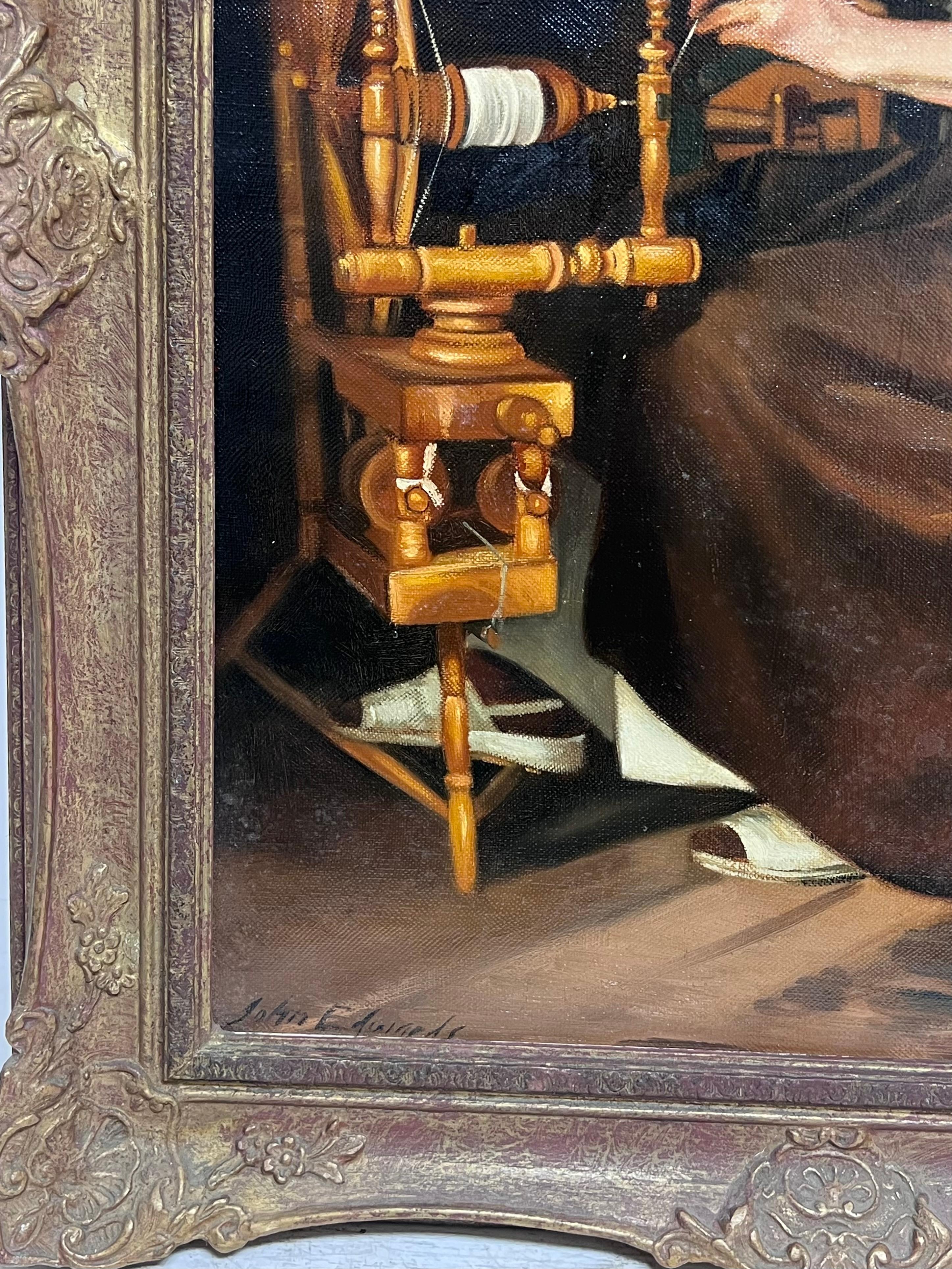 Peinture à l'huile traditionnelle anglaise Portrait de femmes au rouet en vente 1
