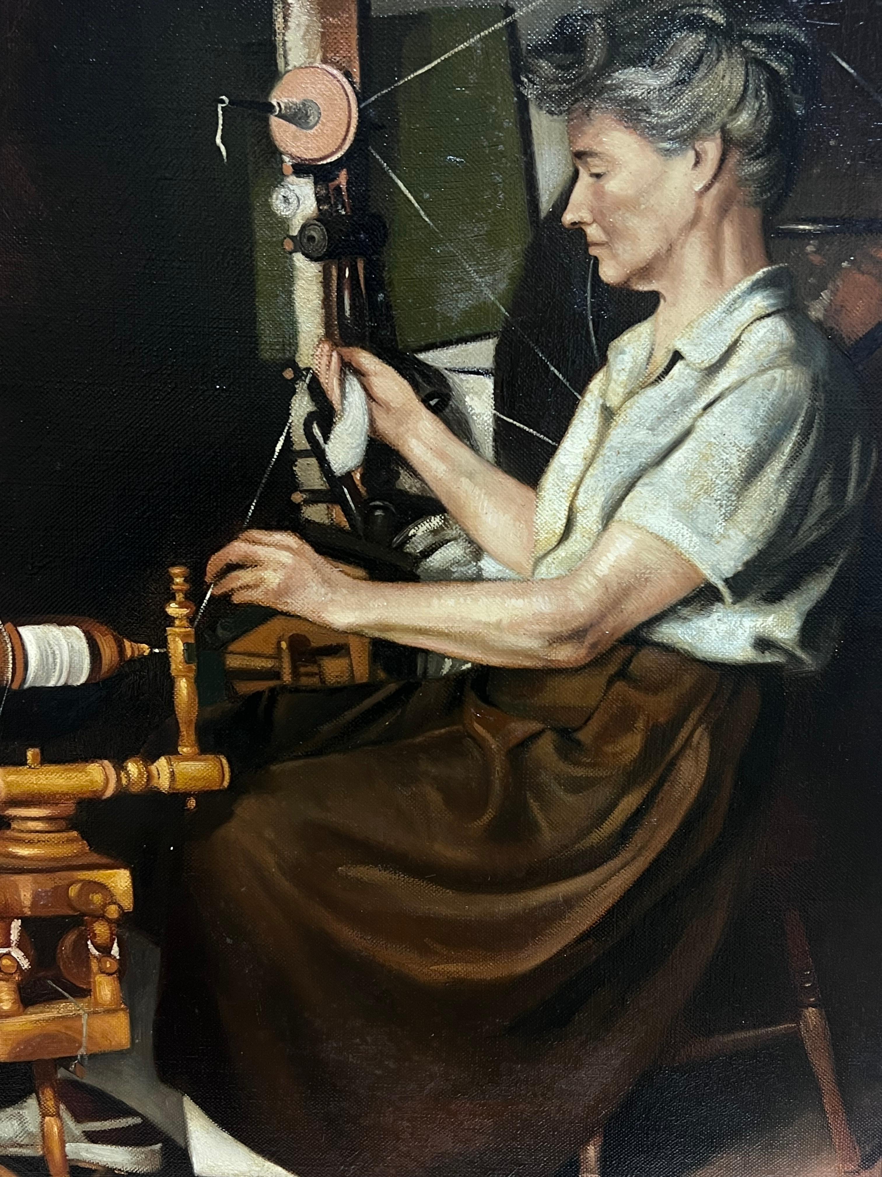 Peinture à l'huile traditionnelle anglaise Portrait de femmes au rouet en vente 2