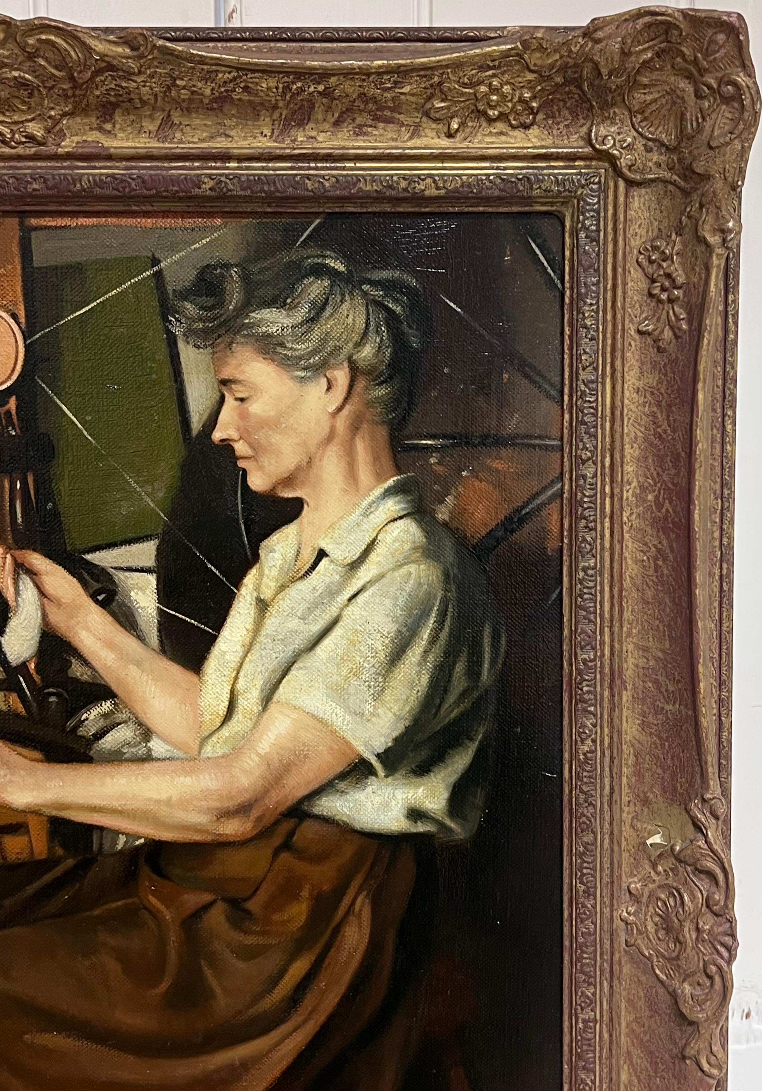 Peinture à l'huile traditionnelle anglaise Portrait de femmes au rouet en vente 3