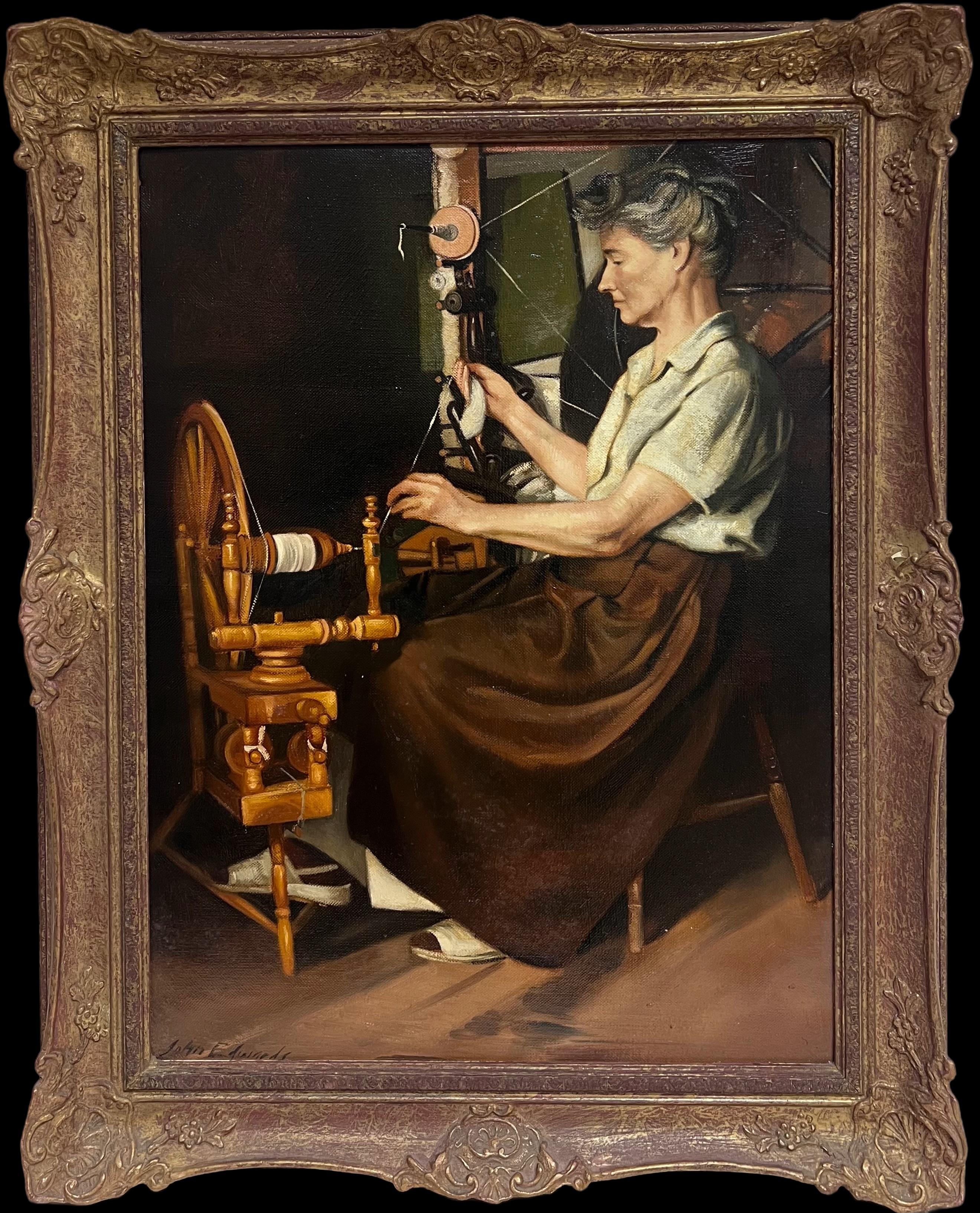 Peinture à l'huile traditionnelle anglaise Portrait de femmes au rouet