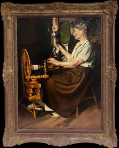 Traditional English Oil Painting Rural Crafts Portrait Women at Spinning Wheel