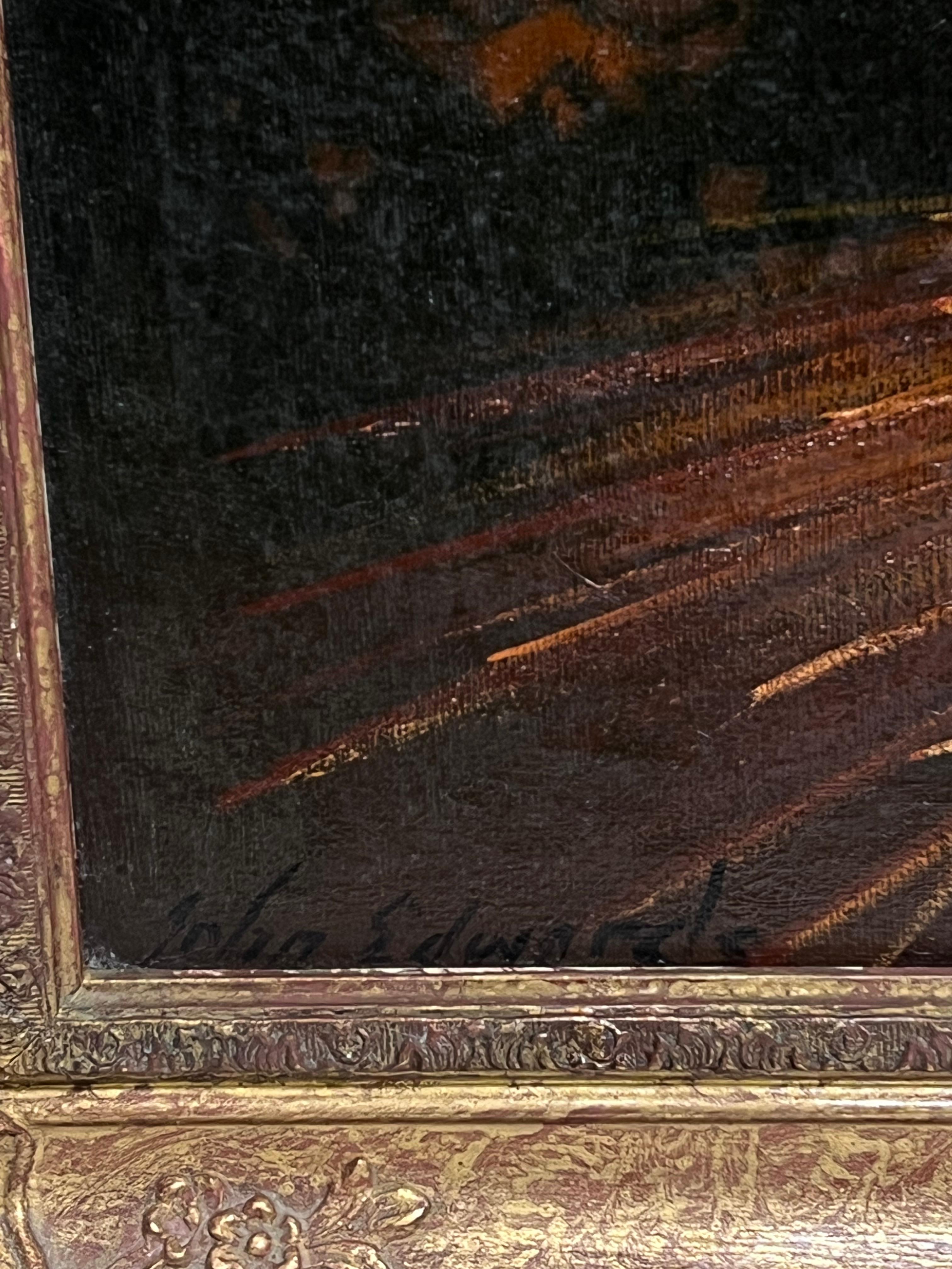 Traditionelles englisches Ölgemälde Ländliches Handwerk Porträt Frauen strickend & Weizen im Angebot 5