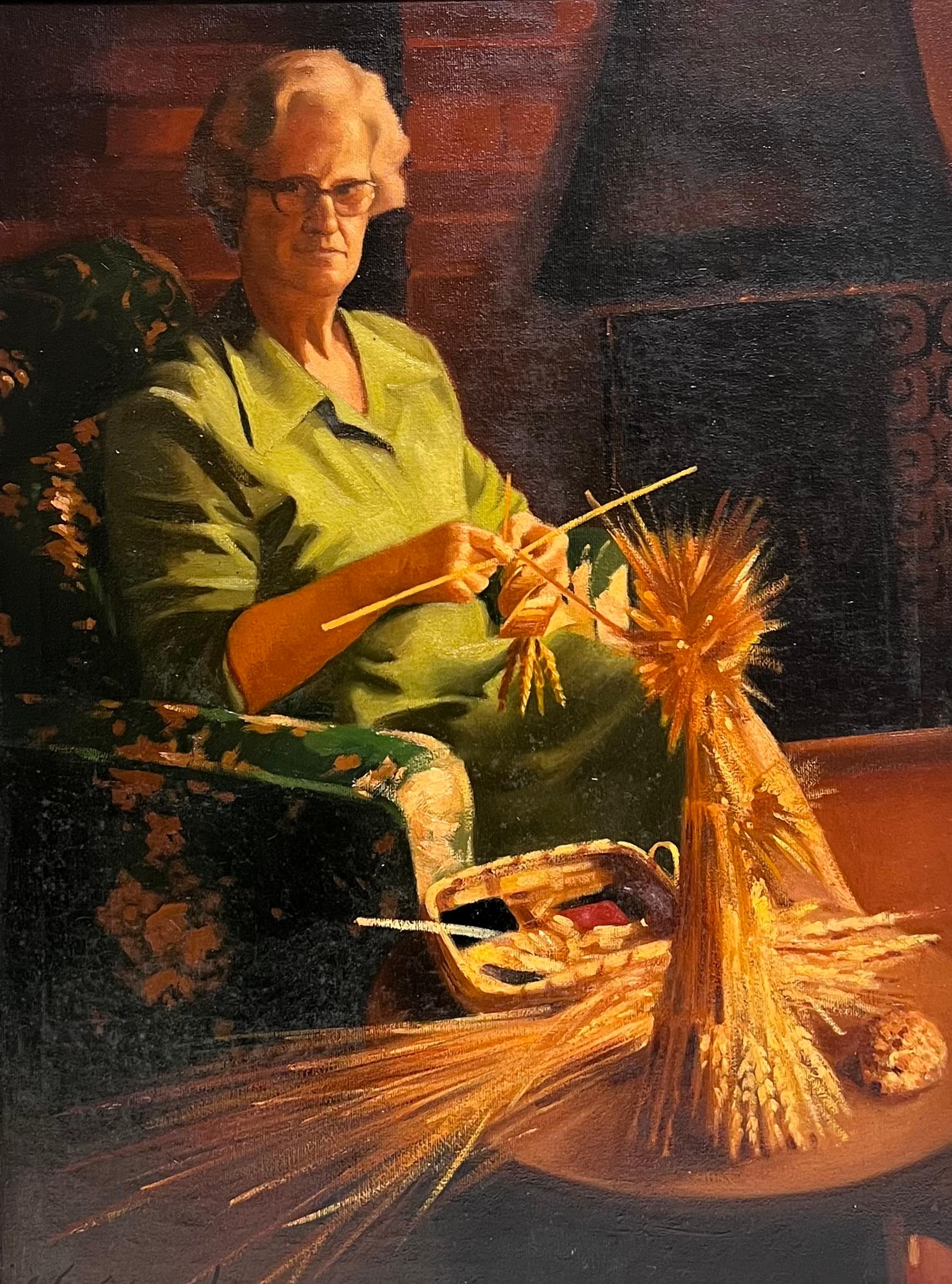 Traditionelles englisches Ölgemälde Ländliches Handwerk Porträt Frauen strickend & Weizen – Painting von John Edwards