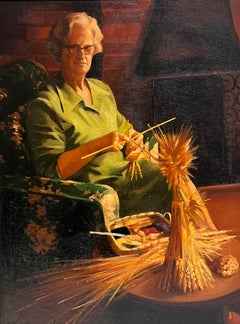 Traditional English Oil Painting Rural Crafts Portrait Women Knitting & Wheat