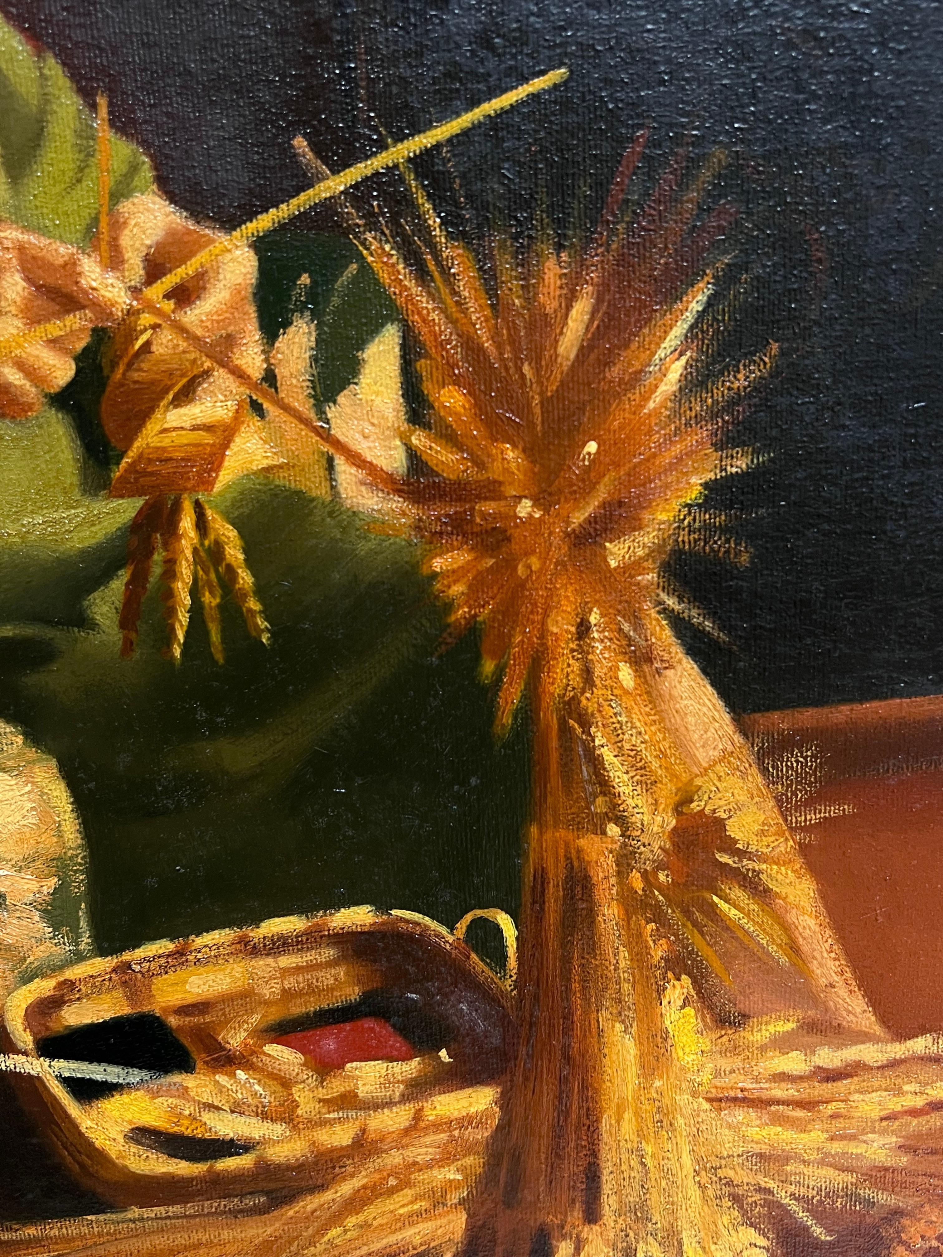 Traditionelles englisches Ölgemälde Ländliches Handwerk Porträt Frauen strickend & Weizen (Braun), Figurative Painting, von John Edwards