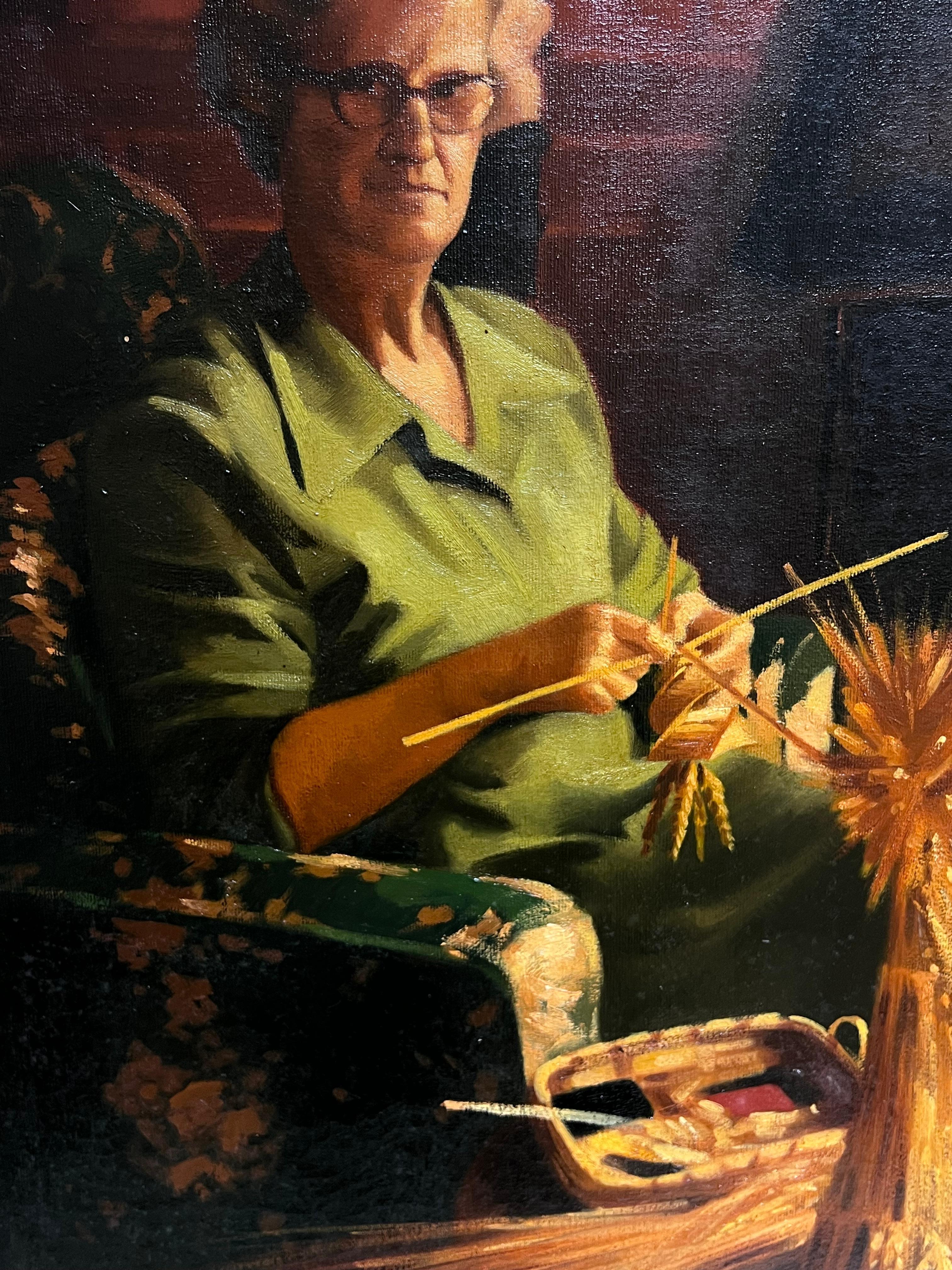 Traditionelles englisches Ölgemälde Ländliches Handwerk Porträt Frauen strickend & Weizen im Angebot 1