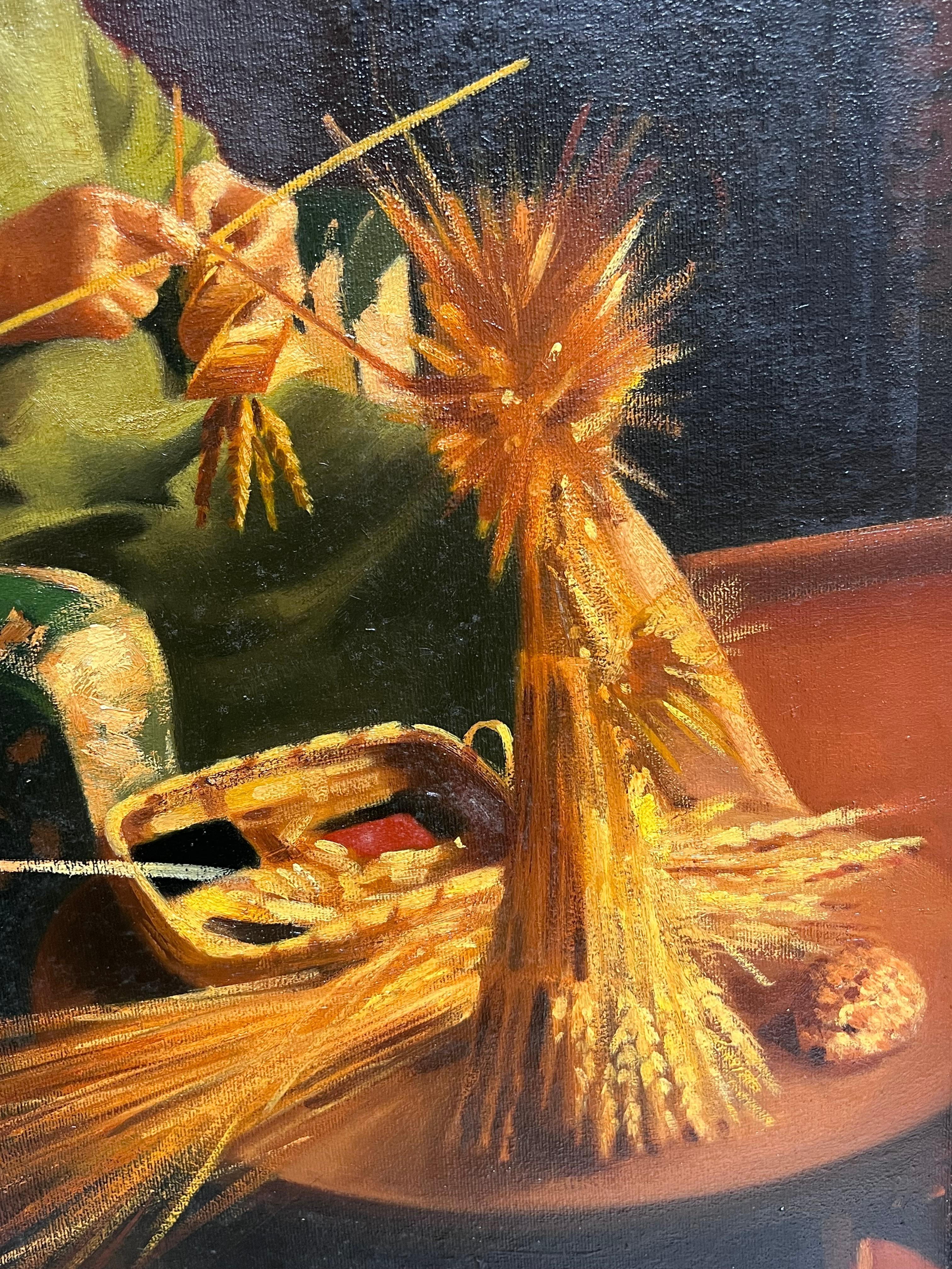 Traditionelles englisches Ölgemälde Ländliches Handwerk Porträt Frauen strickend & Weizen im Angebot 2