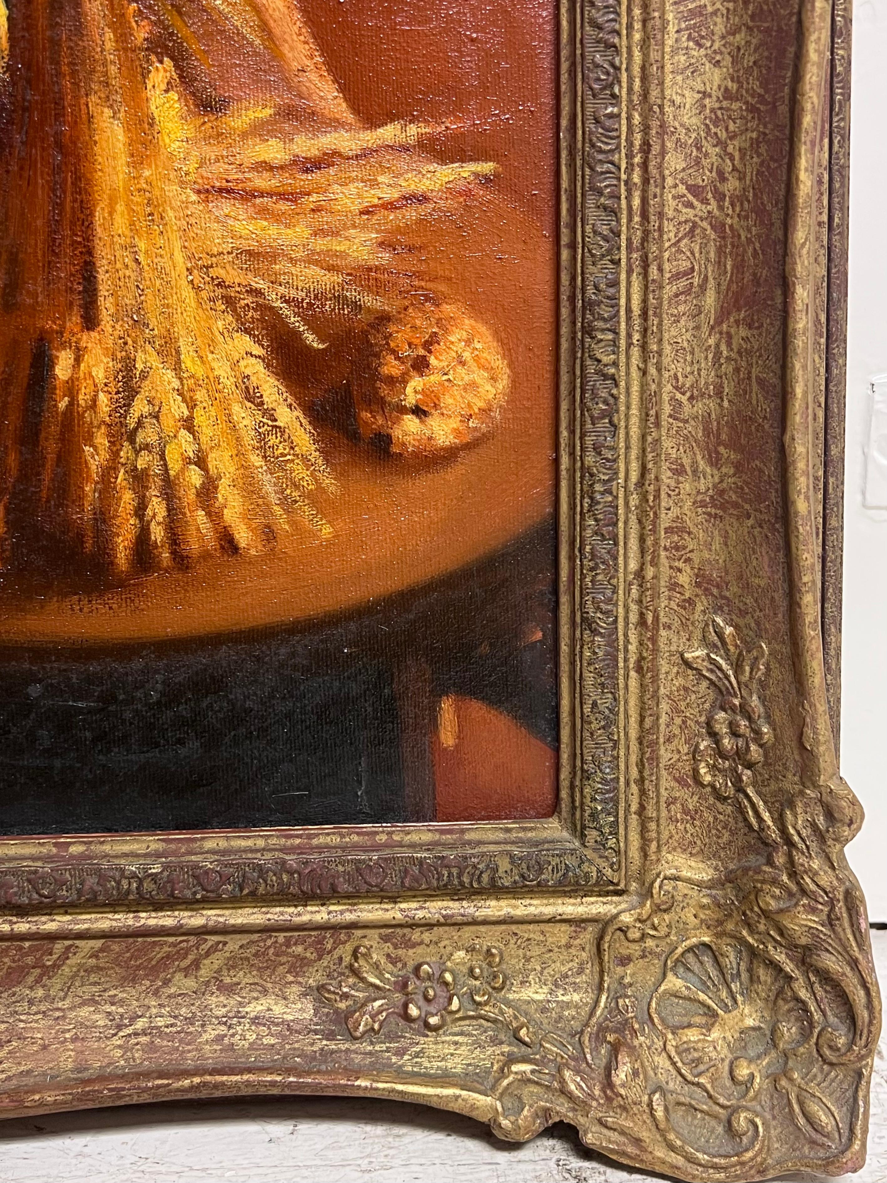 Traditionelles englisches Ölgemälde Ländliches Handwerk Porträt Frauen strickend & Weizen im Angebot 3