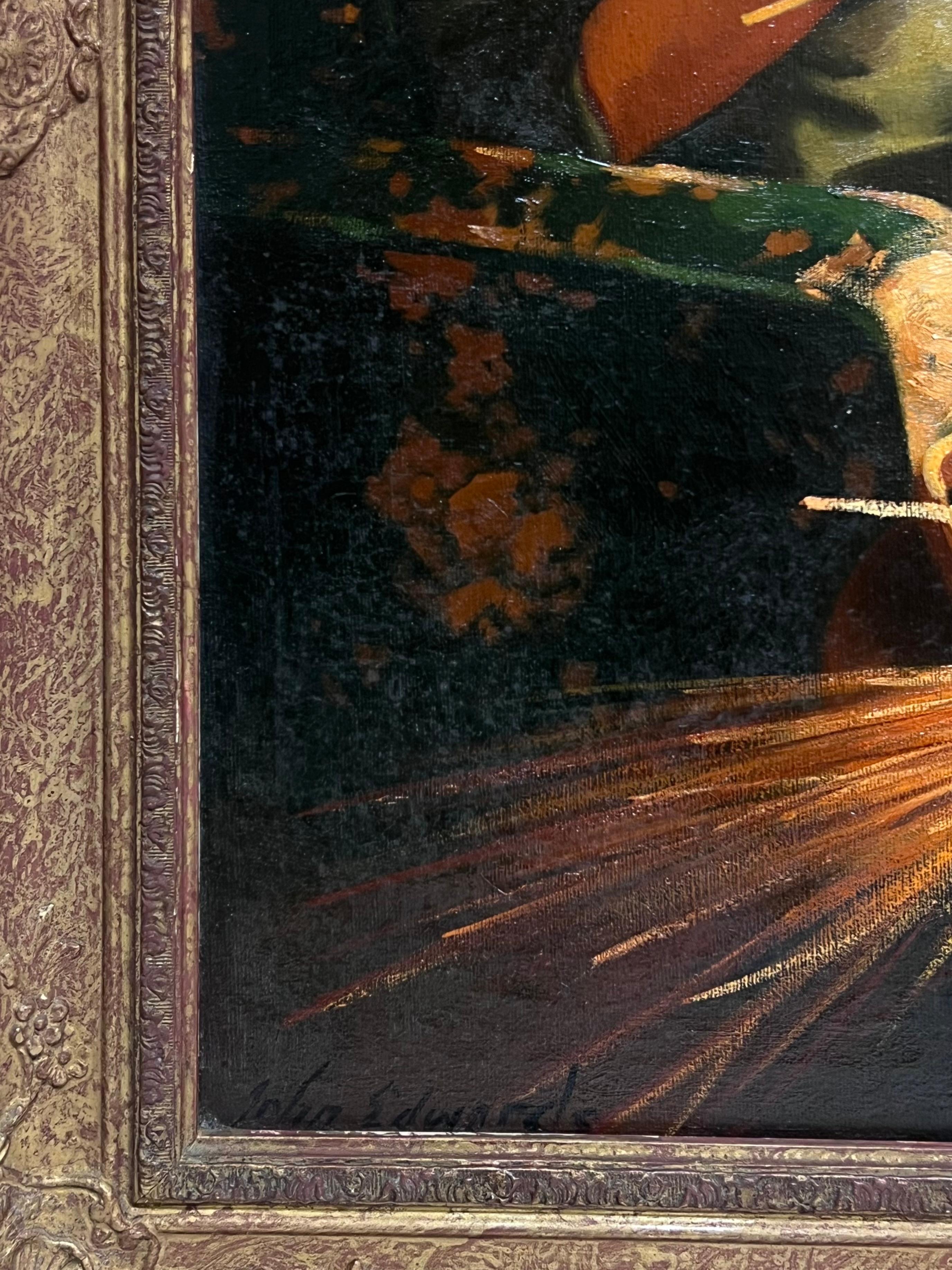 Traditionelles englisches Ölgemälde Ländliches Handwerk Porträt Frauen strickend & Weizen im Angebot 4