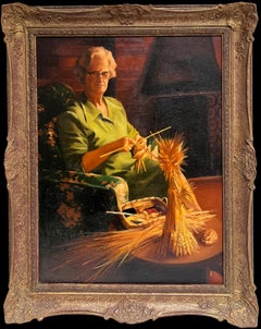 Pittura a olio inglese tradizionale Ritratto di donna che lavora a maglia e grano