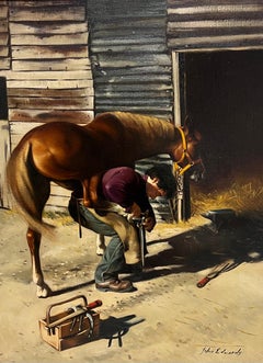 Pintura al óleo tradicional inglesa El herrador herrando un caballo Forja de herrero