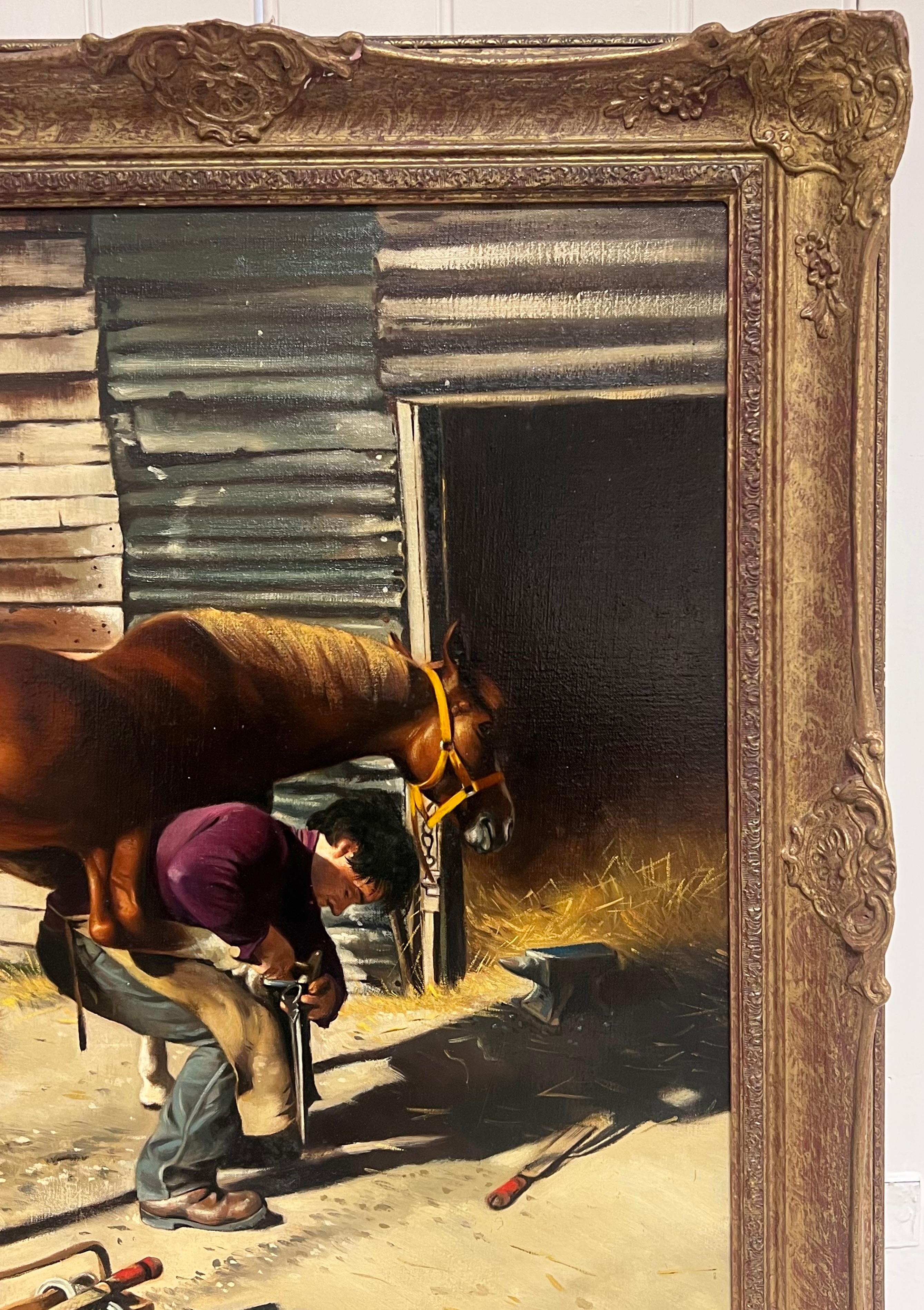 Peinture à l'huile traditionnelle anglaise Le maréchal-ferrant ferrant un cheval Forge des forgerons - École anglaise Painting par John Edwards