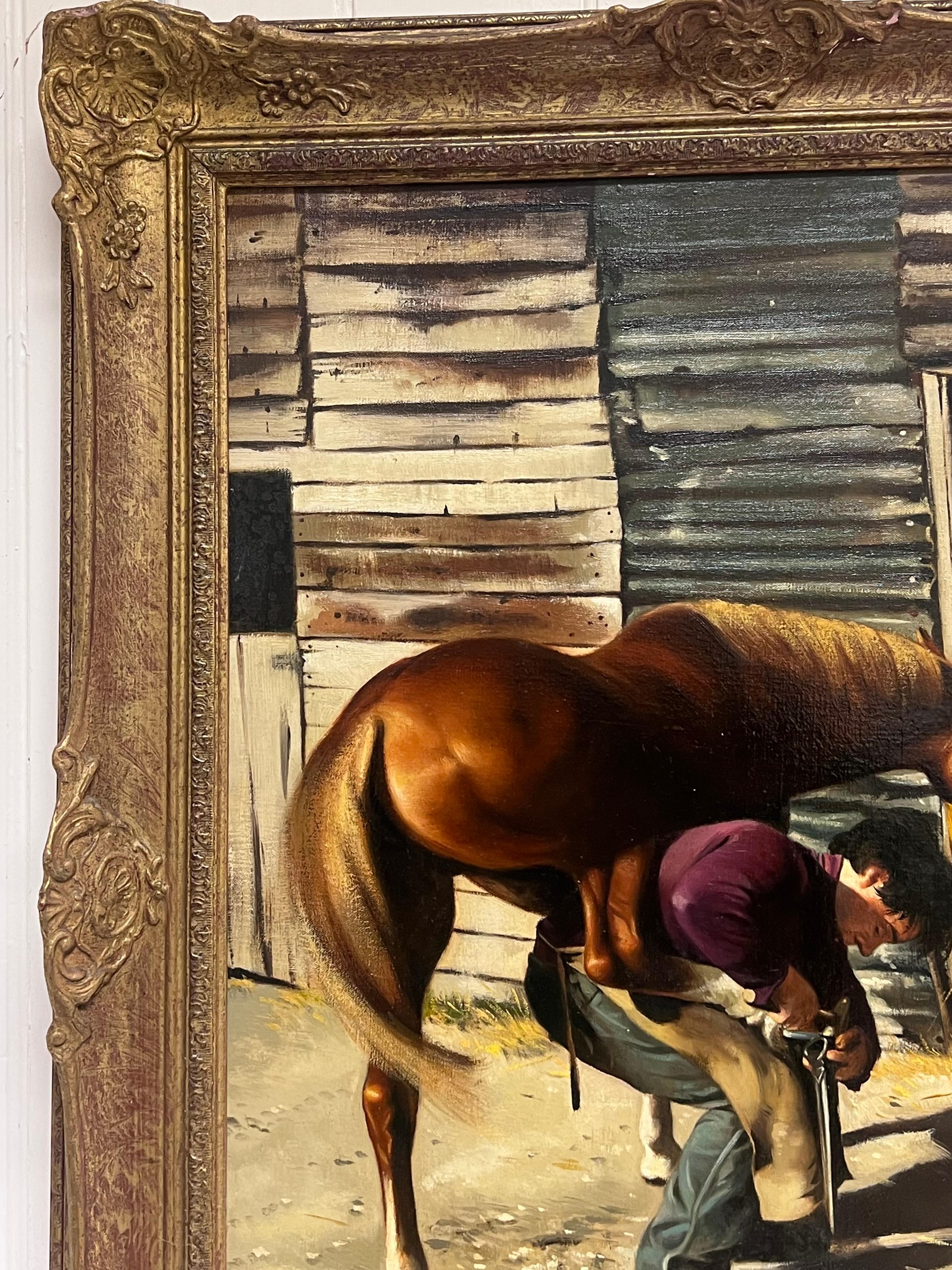 Peinture à l'huile traditionnelle anglaise Le maréchal-ferrant ferrant un cheval Forge des forgerons - Noir Figurative Painting par John Edwards