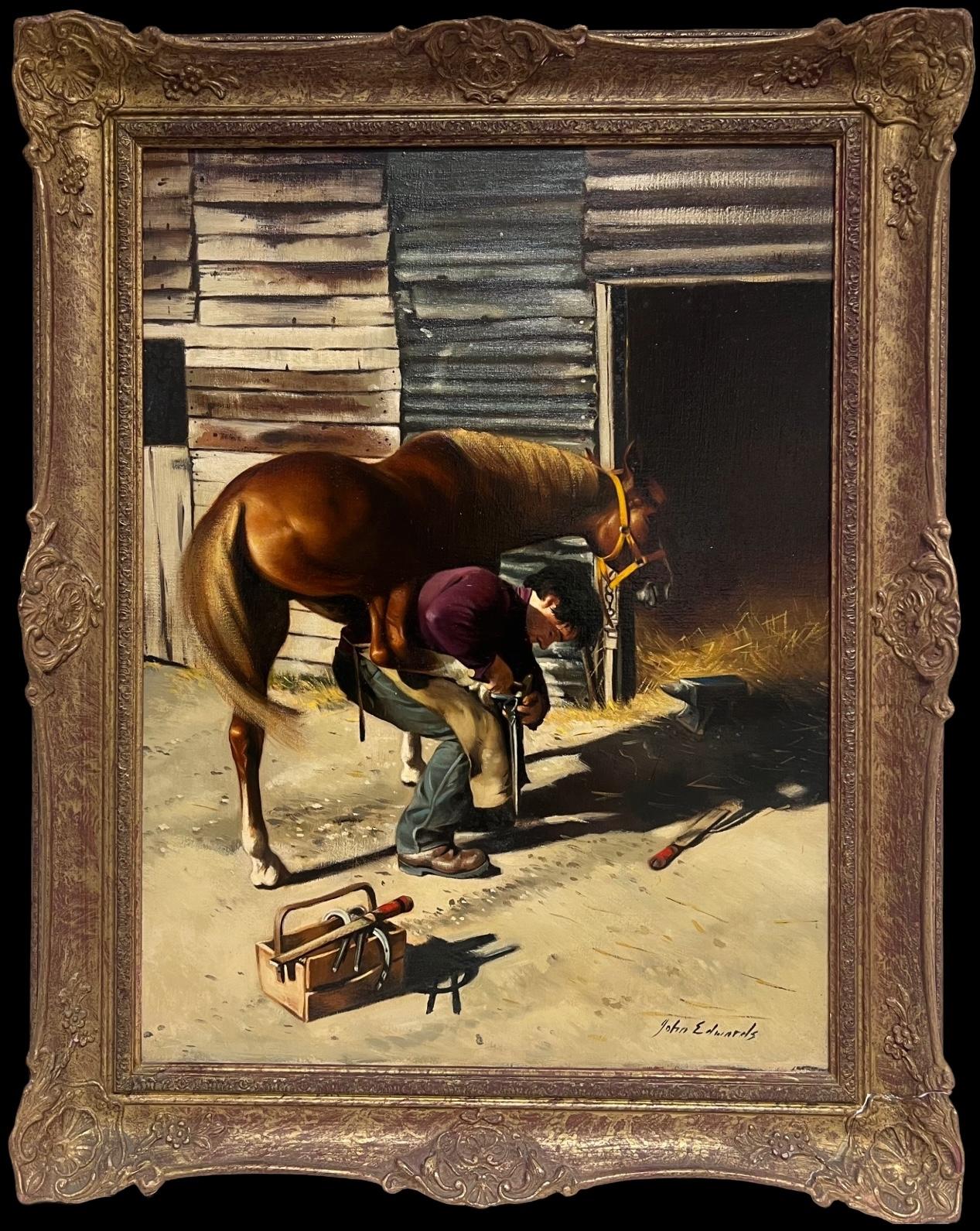 Traditional English Oil Painting The Farrier Shoeing a Horse Blacksmiths Forge