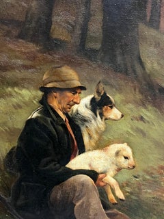 Pintura al Óleo Tradicional Inglesa El Pastor con Perro y Cordero Artesanía Rural