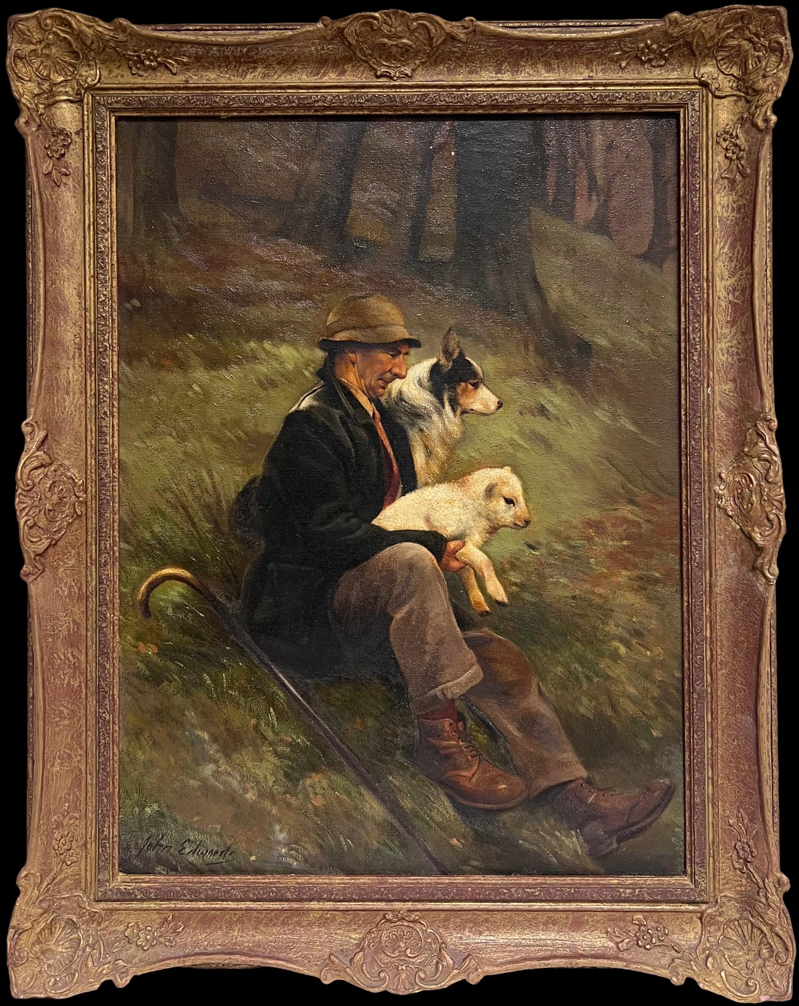 Traditional English Oil Painting The Shepherd with Dog & Lamb Rural Crafts