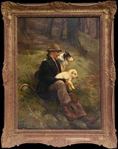 Traditional English Oil Painting The Shepherd with Dog & Lamb Rural Crafts