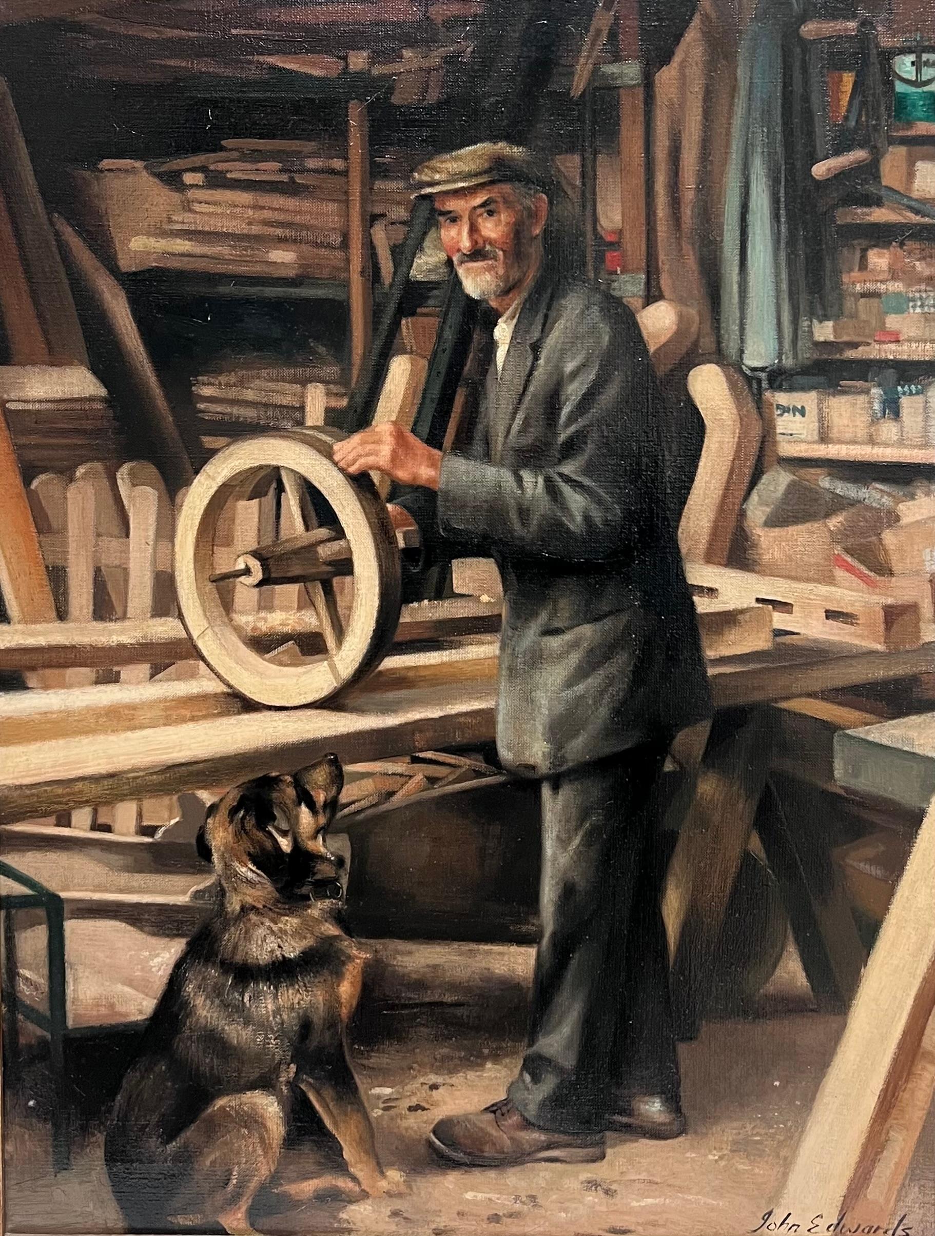 Traditionelles englisches signiertes Ölgemälde Porträt eines Zimmermanns in der Werkstatt – Painting von John Edwards