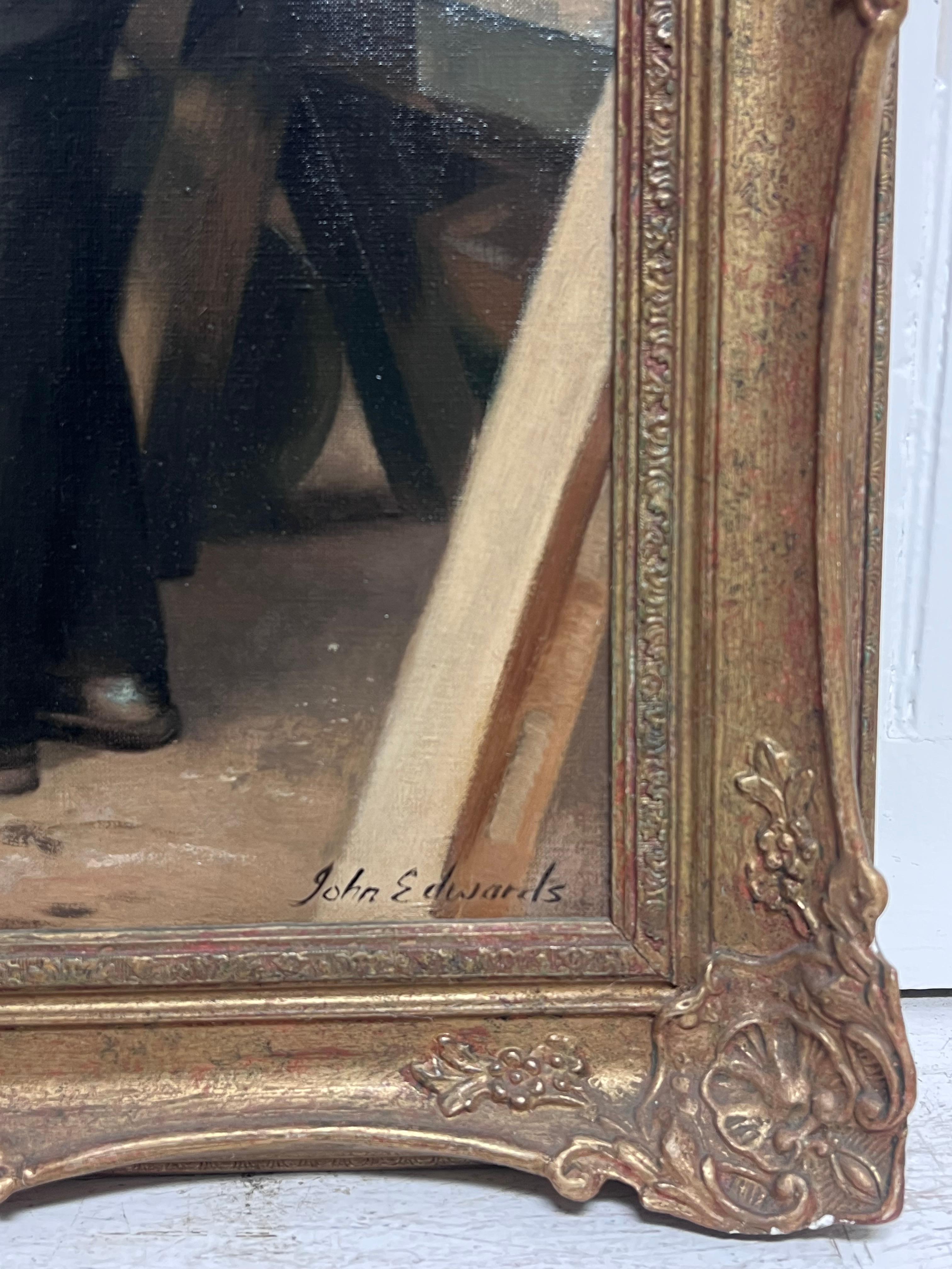 Traditionelles englisches signiertes Ölgemälde Porträt eines Zimmermanns in der Werkstatt (Schwarz), Portrait Painting, von John Edwards