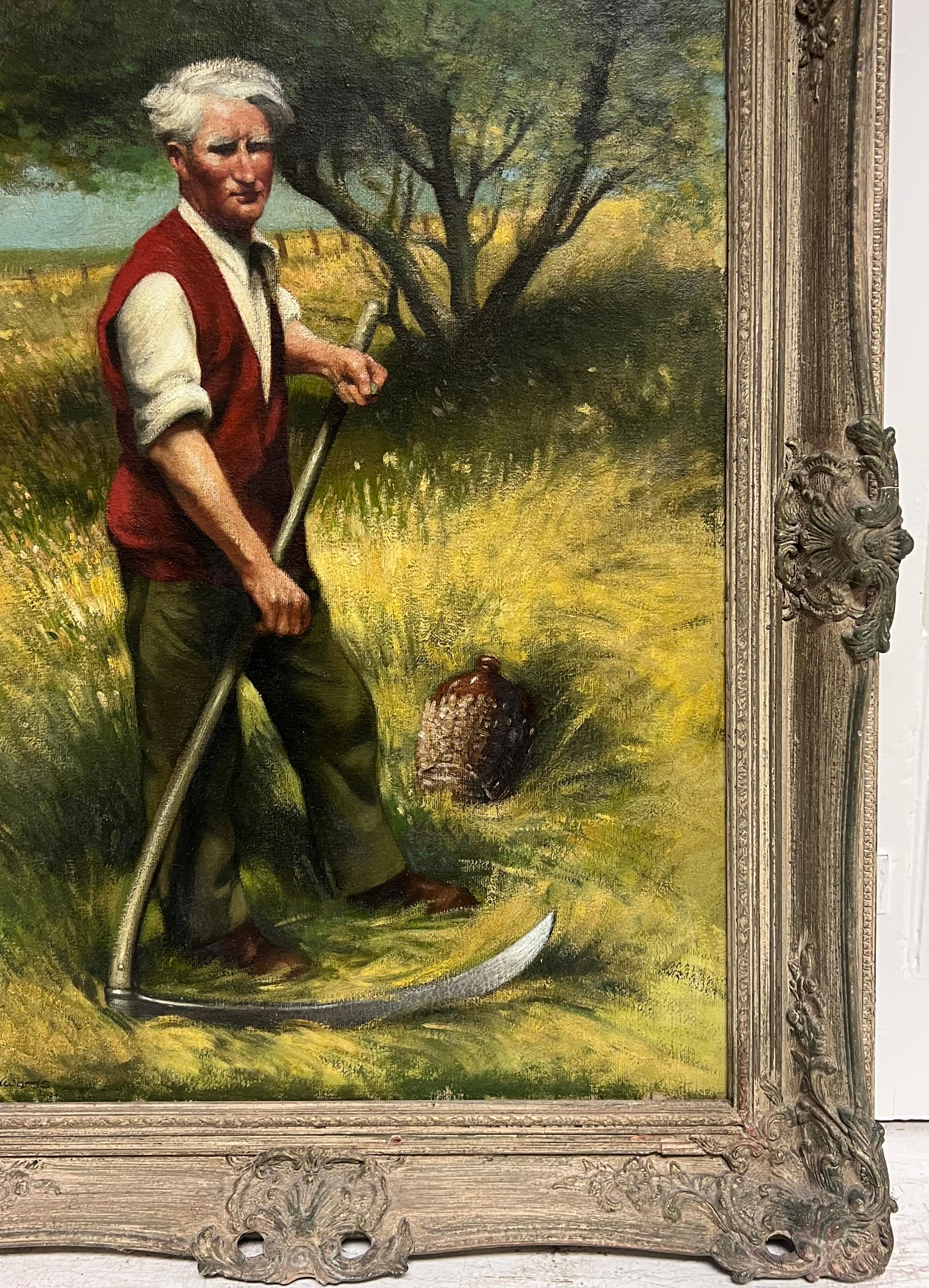 Traditionelles ländliches englisches signiertes Ölgemälde Heu mähendes Portrait mit Sense – Painting von John Edwards