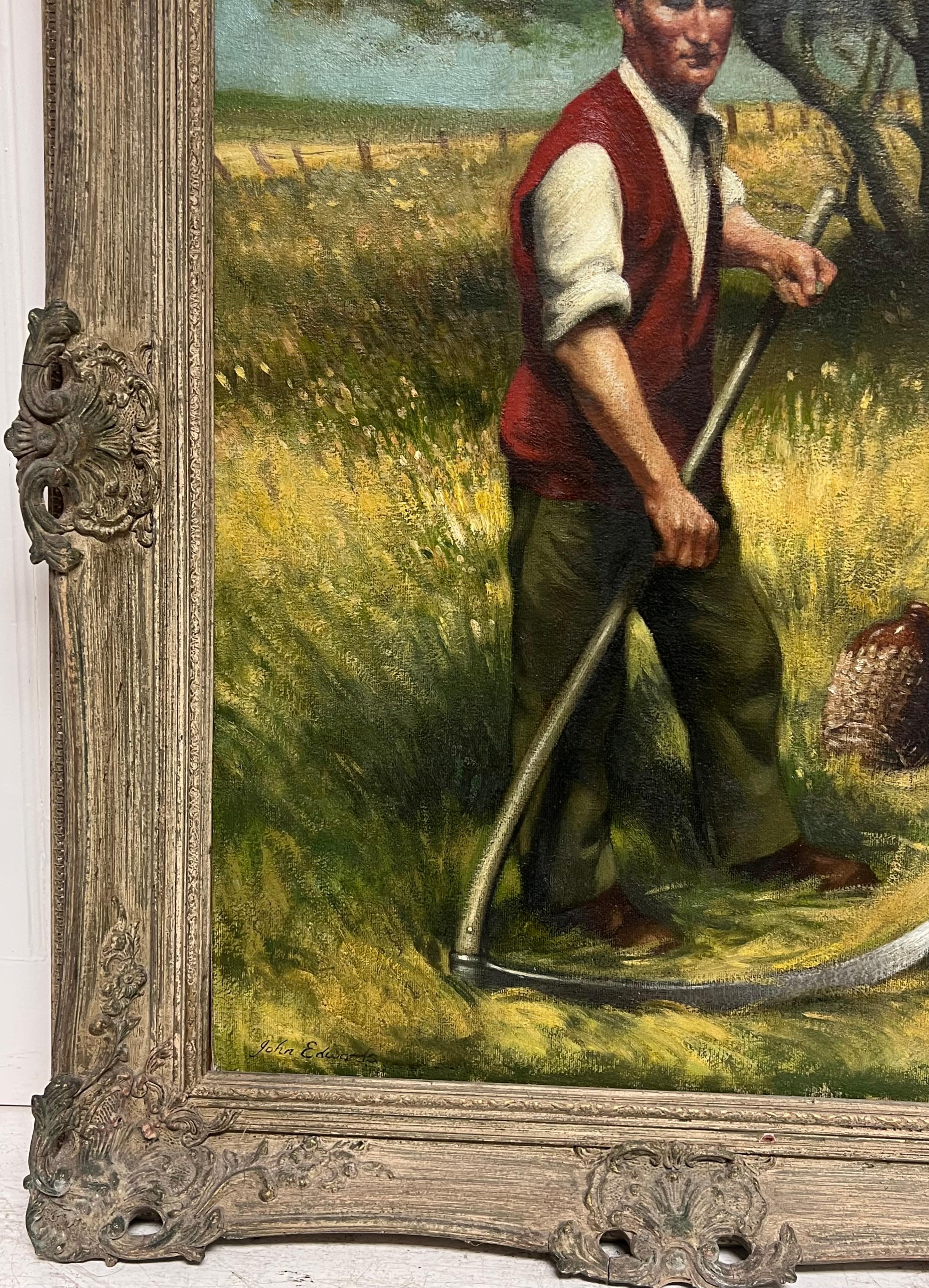 Traditionelles ländliches englisches signiertes Ölgemälde Heu mähendes Portrait mit Sense (Viktorianisch), Painting, von John Edwards
