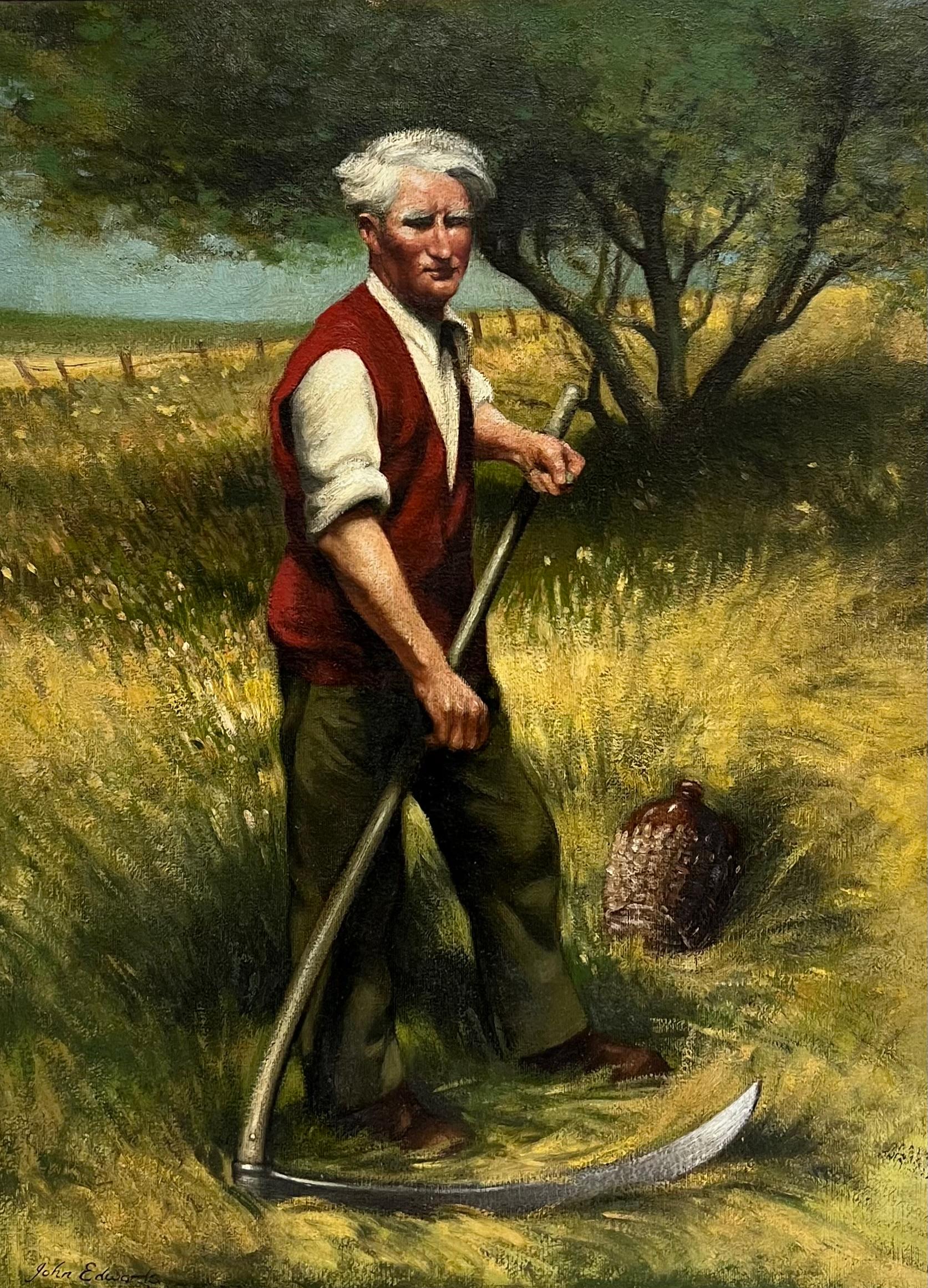 Traditionelles ländliches englisches signiertes Ölgemälde Heu mähendes Portrait mit Sense (Braun), Portrait Painting, von John Edwards