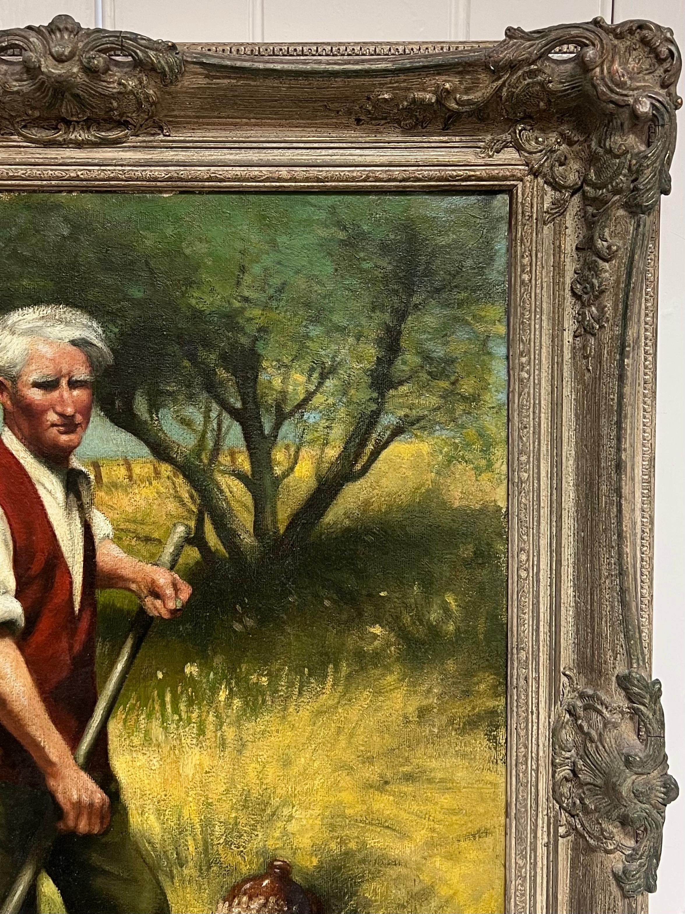 Traditionelles ländliches englisches signiertes Ölgemälde Heu mähendes Portrait mit Sense im Angebot 1