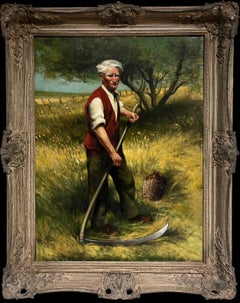 Traditional Rural English Signed Oil Painting Hay Cutting Portrait with Scythe
