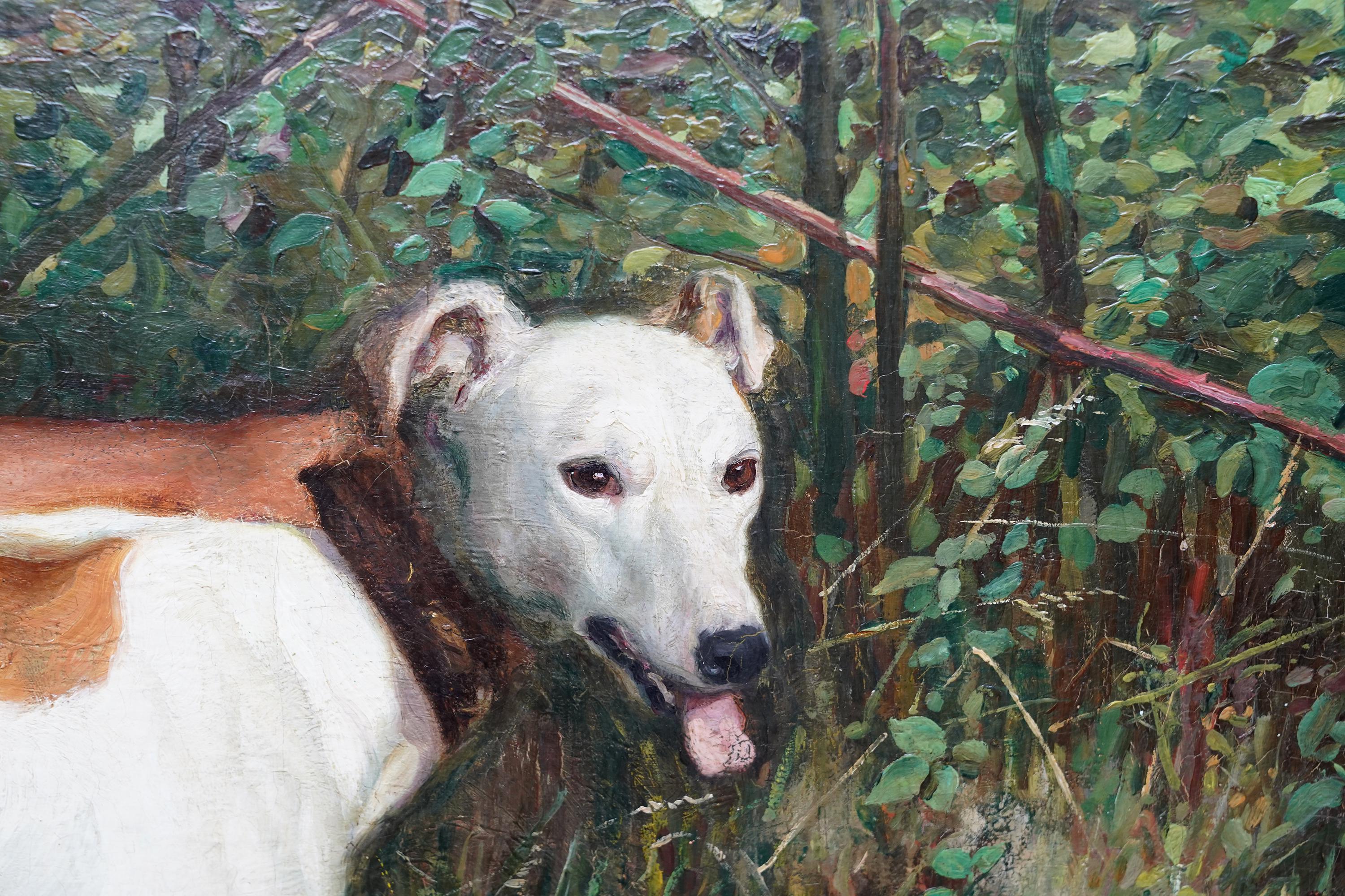 Joven con dos perros en un paisaje - Pintura al óleo de arte eduardiano británico en venta 5