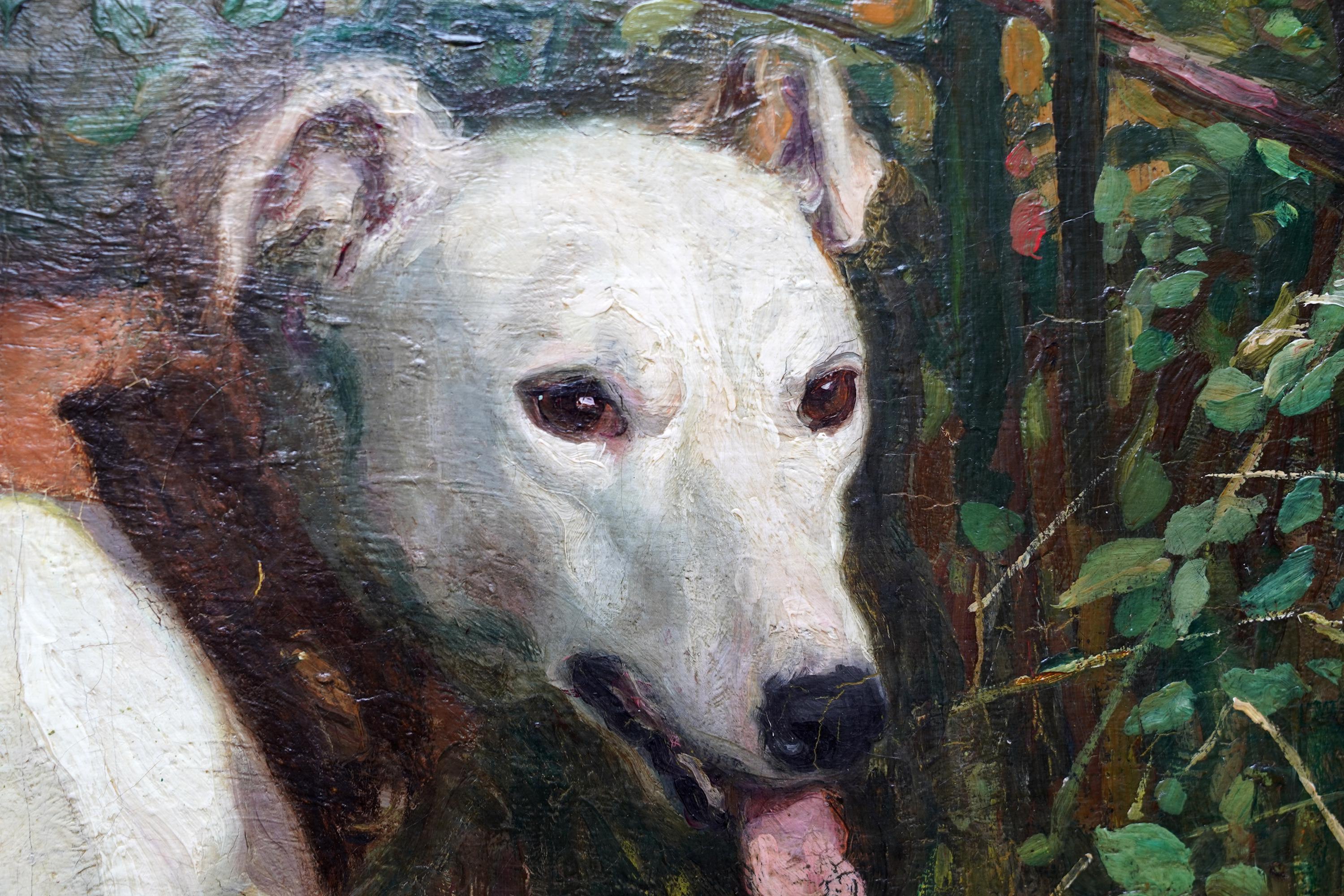 Joven con dos perros en un paisaje - Pintura al óleo de arte eduardiano británico en venta 6