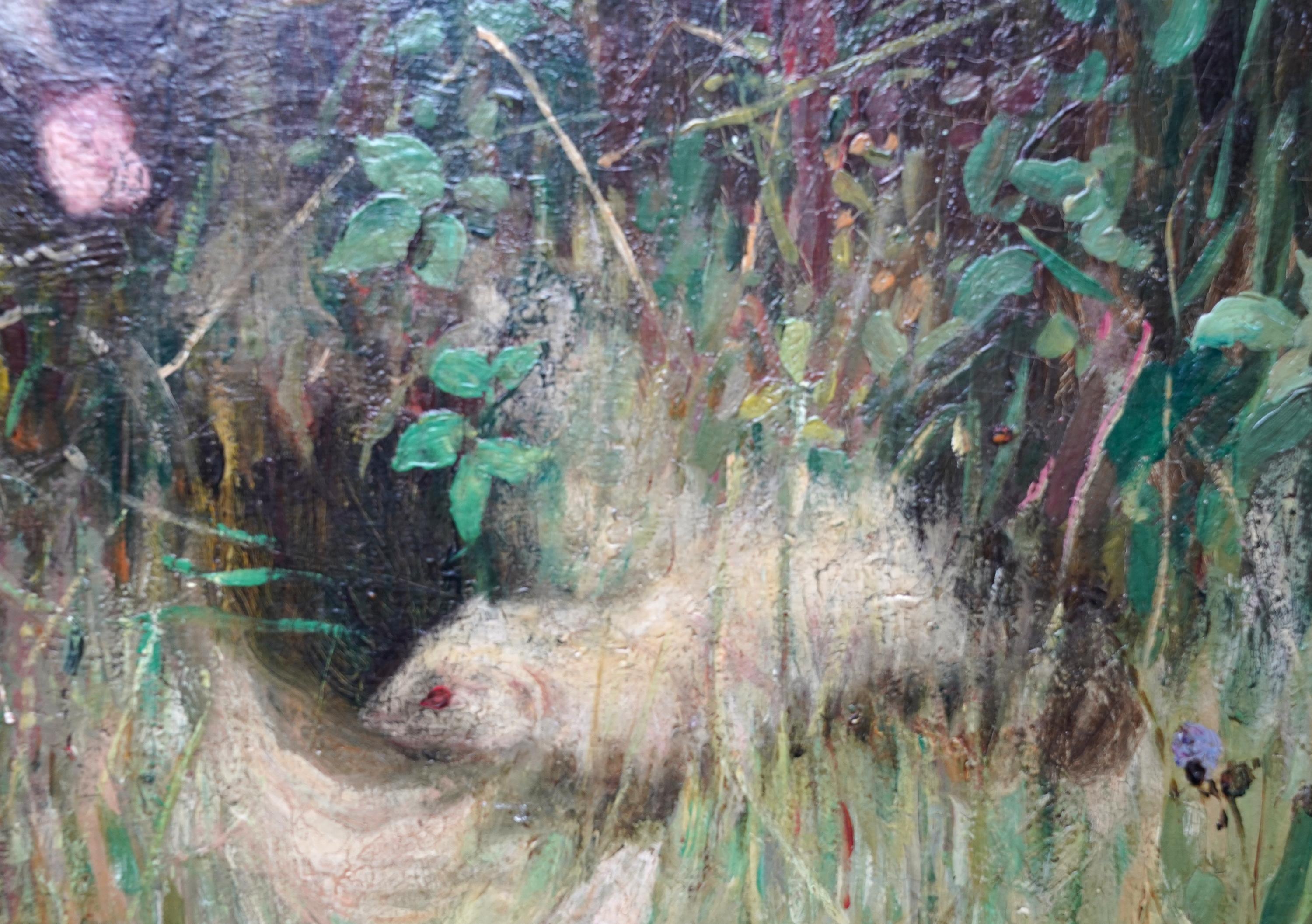 Joven con dos perros en un paisaje - Pintura al óleo de arte eduardiano británico en venta 7