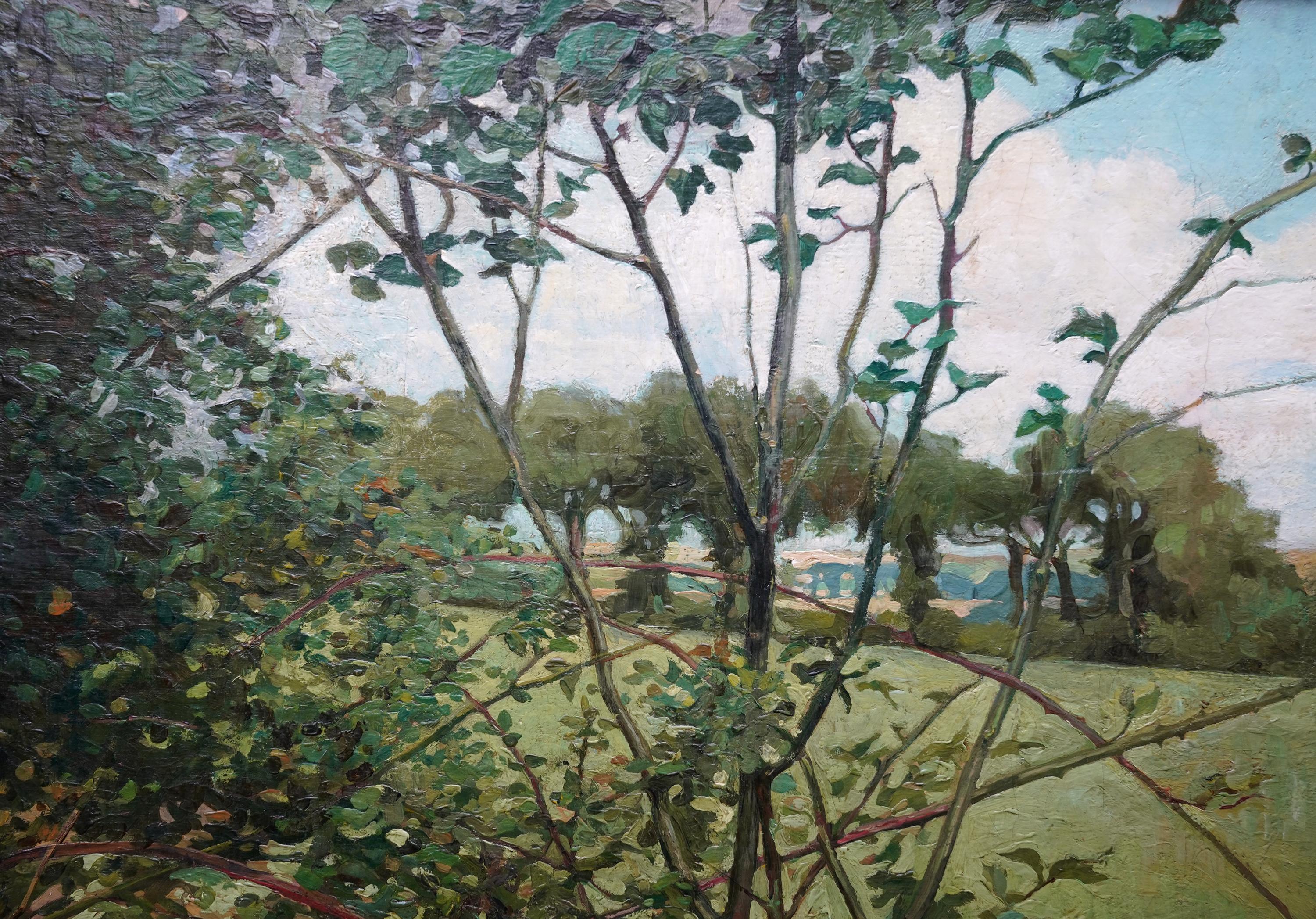 Joven con dos perros en un paisaje - Pintura al óleo de arte eduardiano británico en venta 8