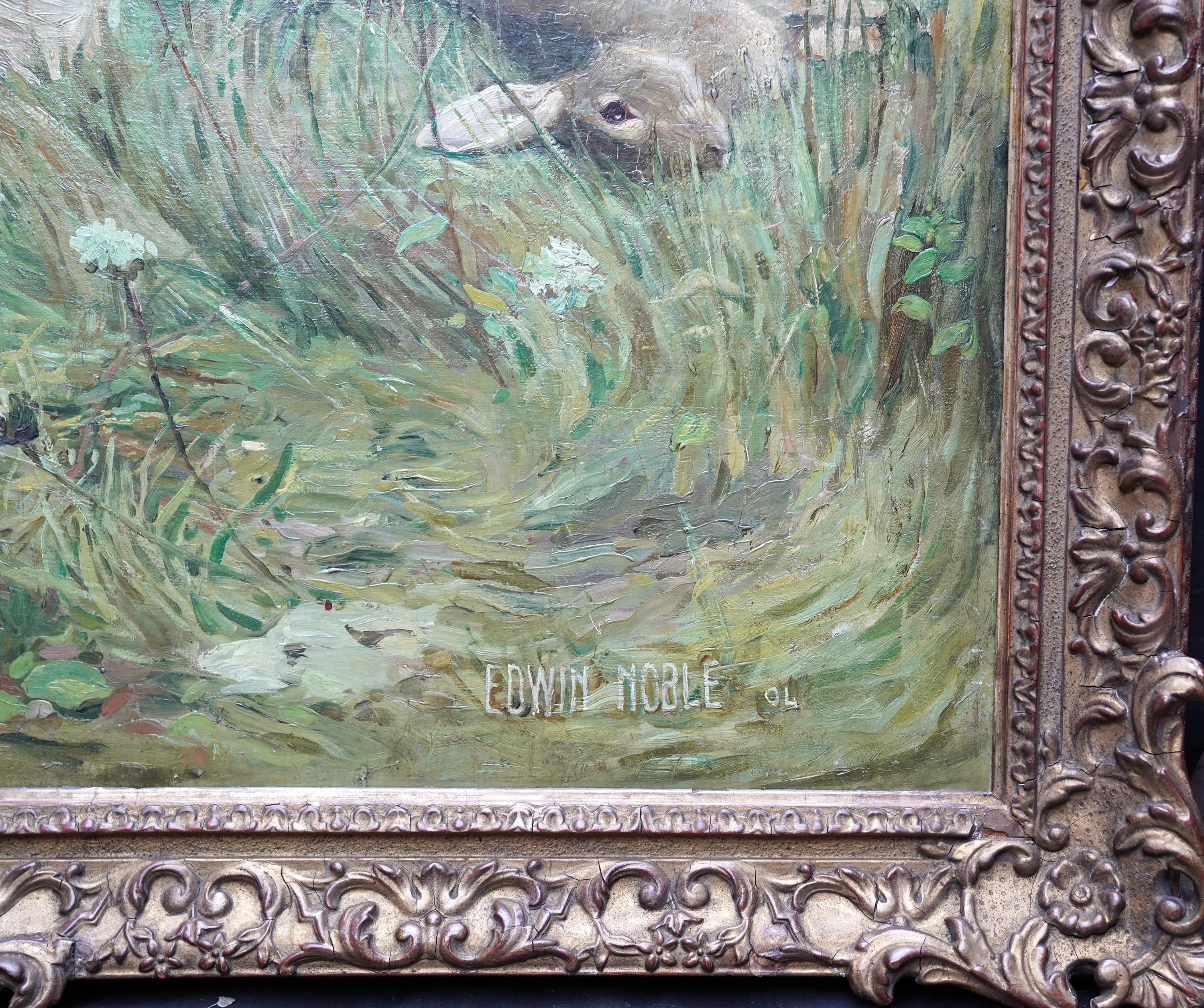 Joven con dos perros en un paisaje - Pintura al óleo de arte eduardiano británico en venta 11