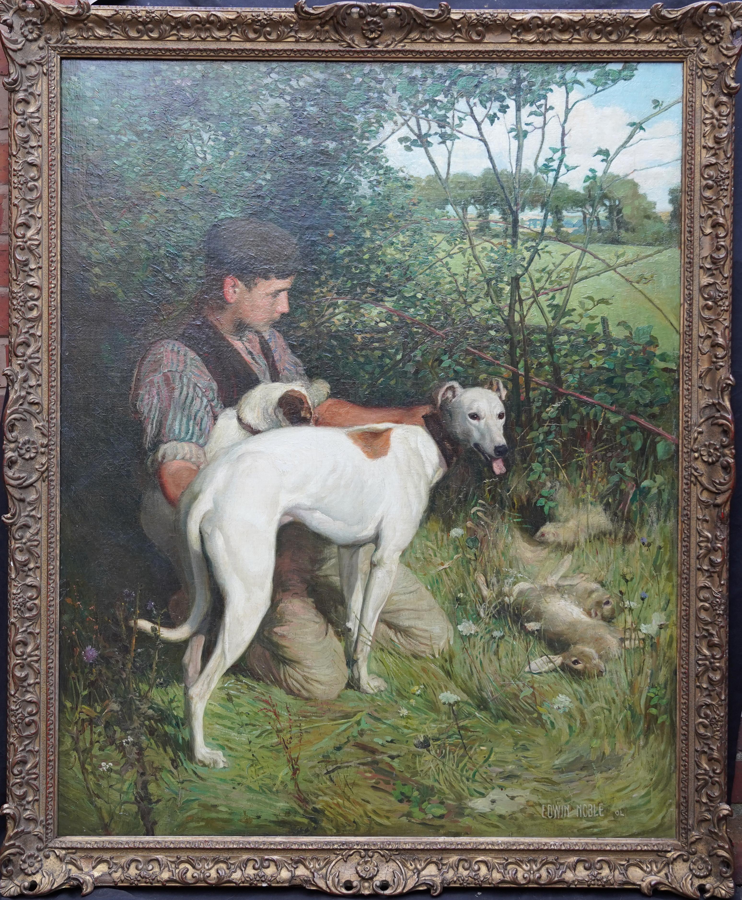 Joven con dos perros en un paisaje - Pintura al óleo de arte eduardiano británico en venta 13