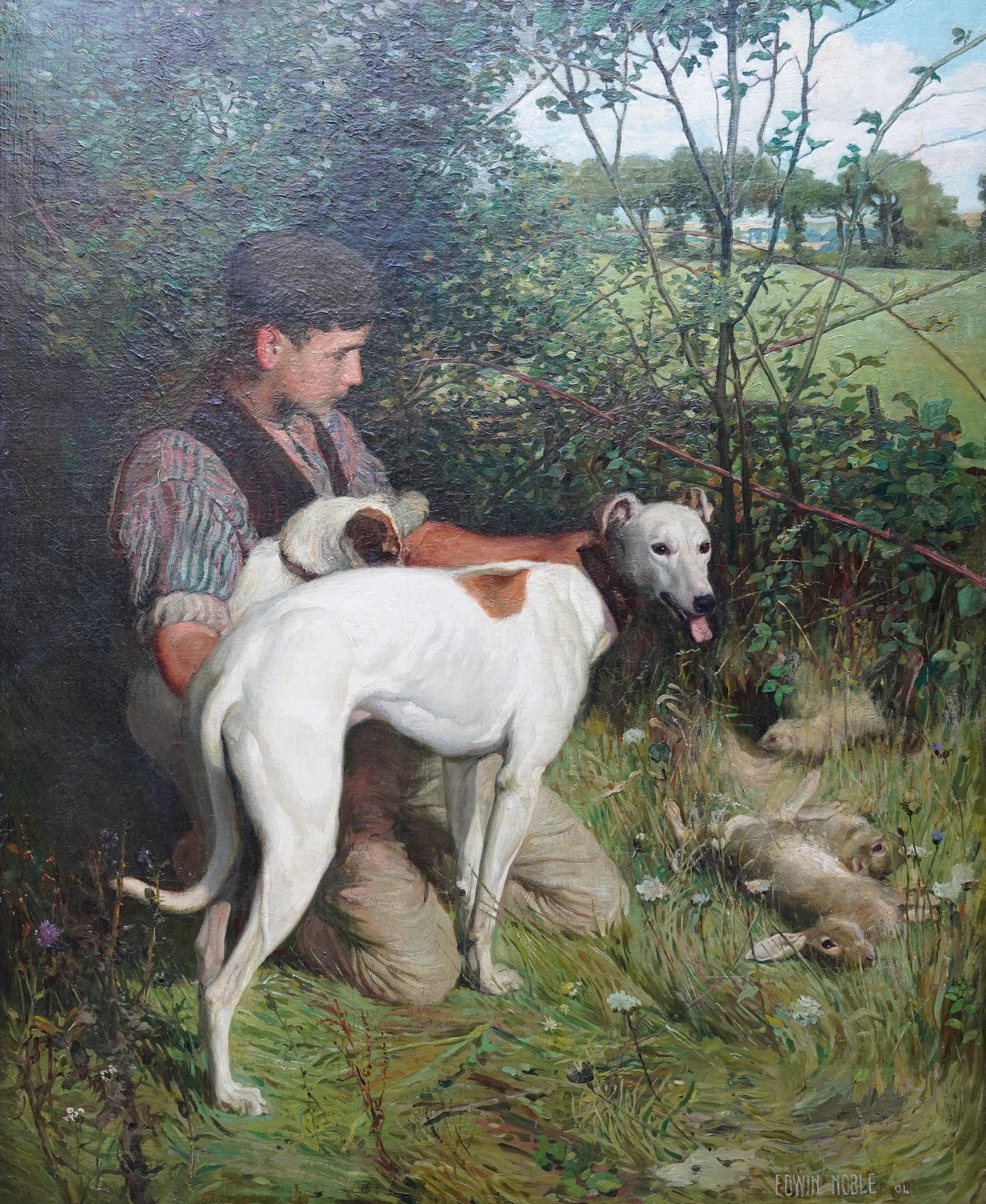 Joven con dos perros en un paisaje - Pintura al óleo de arte eduardiano británico - Painting de John Edwin Noble