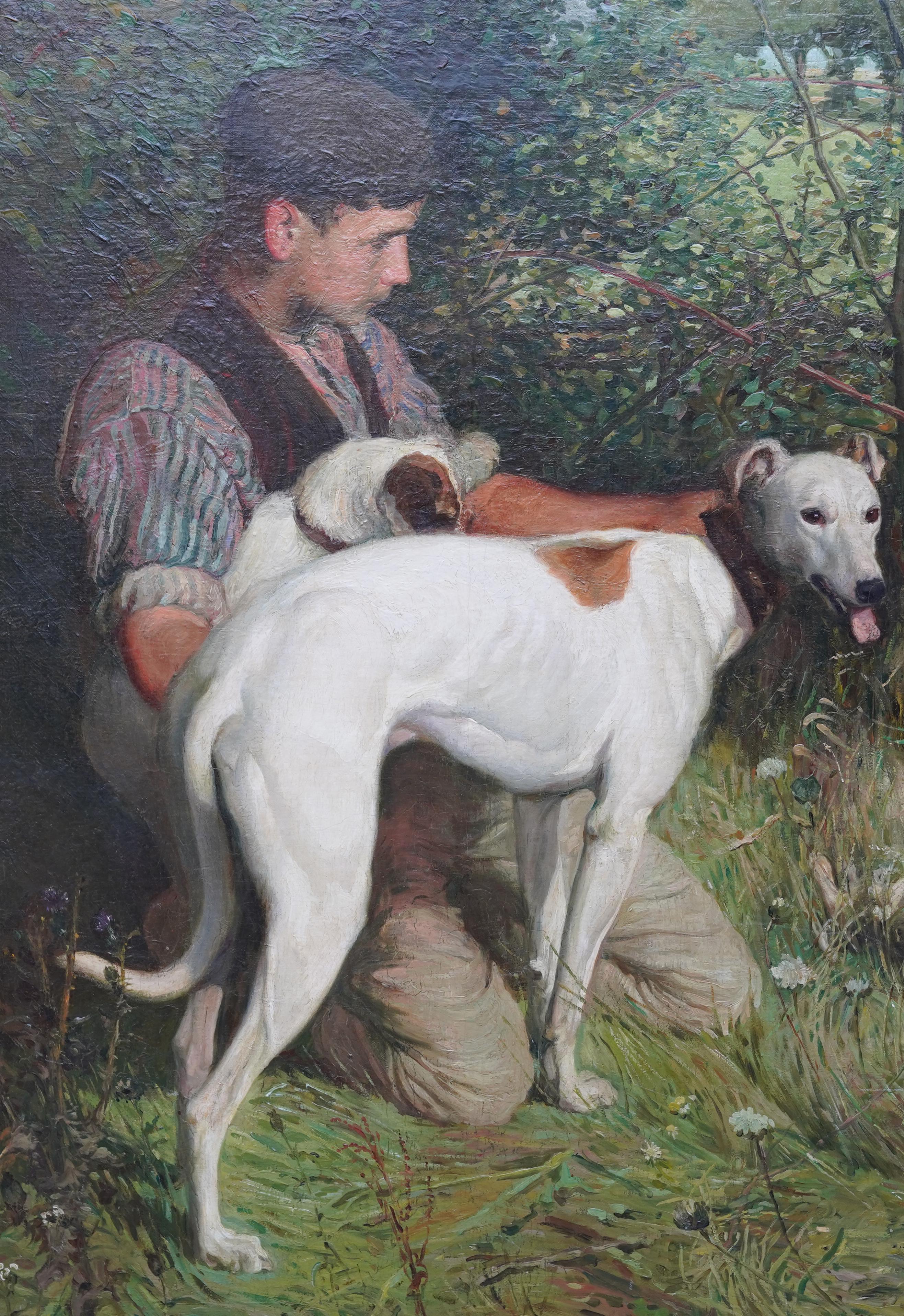 Joven con dos perros en un paisaje - Pintura al óleo de arte eduardiano británico - Painting Realista de John Edwin Noble
