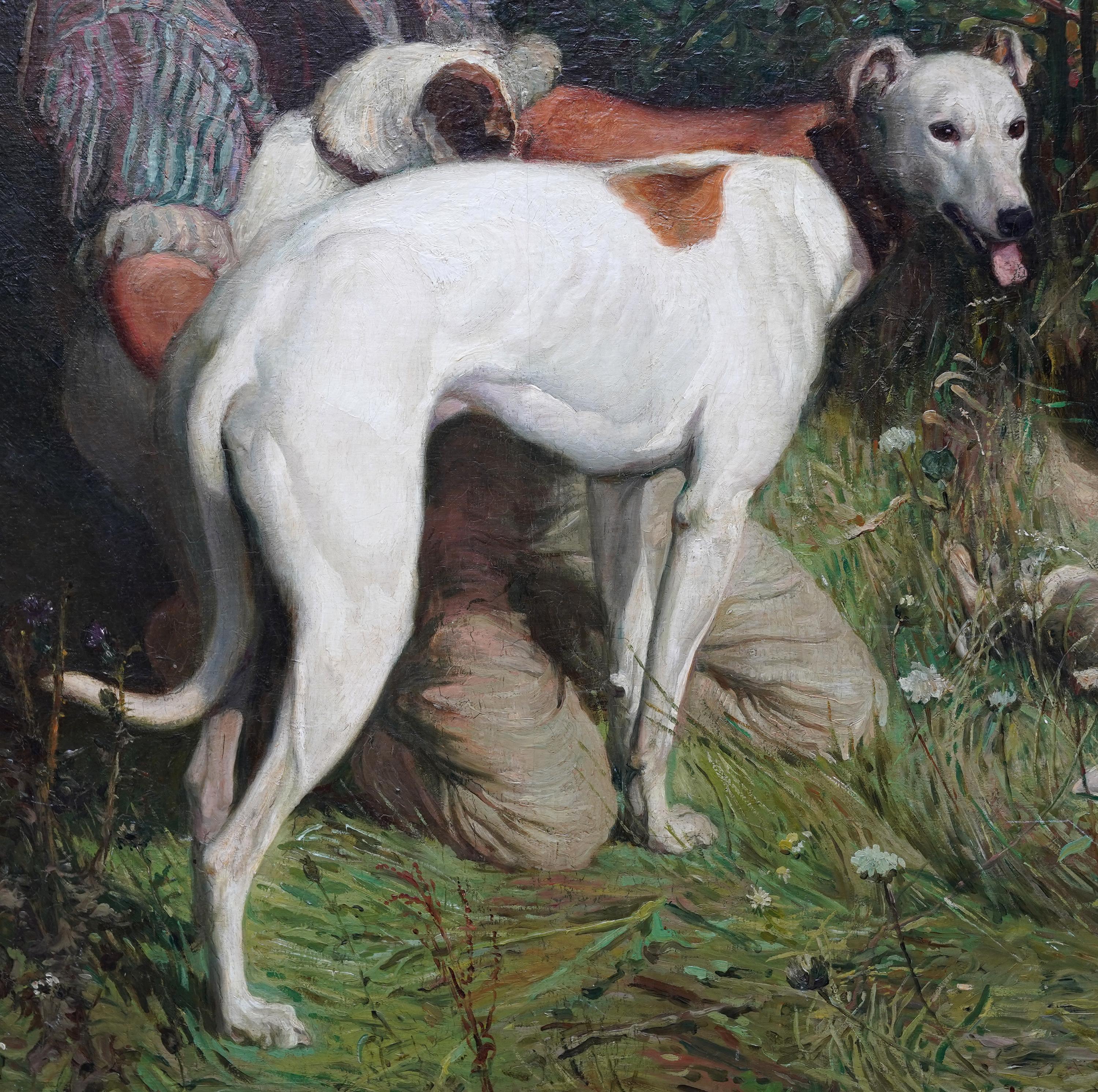Joven con dos perros en un paisaje - Pintura al óleo de arte eduardiano británico - Landscape Painting Gris de John Edwin Noble