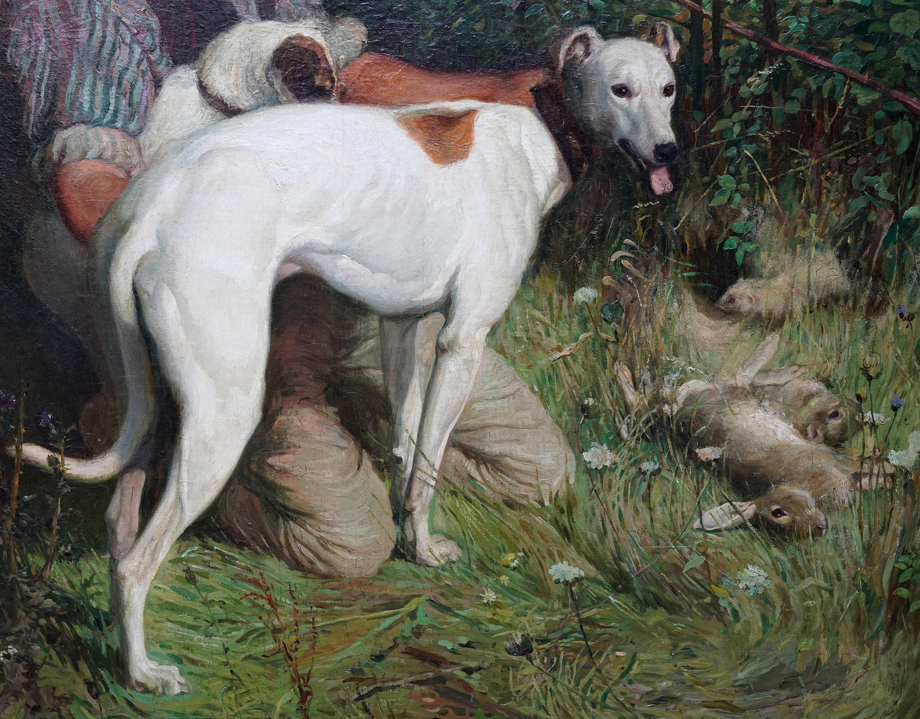 Este magnífico óleo de paisaje figurativo eduardiano británico es obra del célebre animalista Edwin Noble. Pintado en 1904, es un cuadro grande y detallado de un hombre joven, arrodillado en un matorral cubierto de hierba con sus dos perros, un