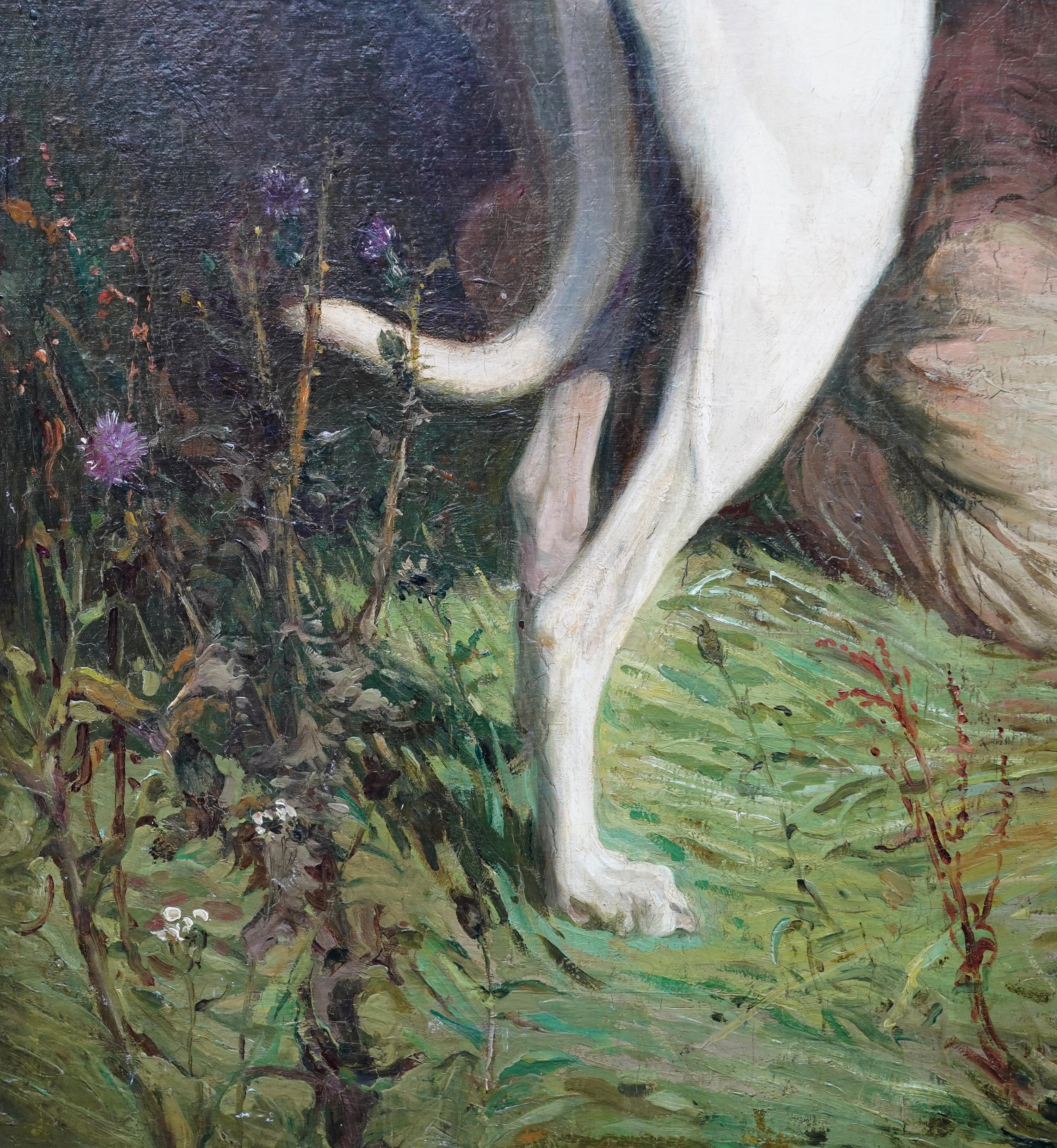 Joven con dos perros en un paisaje - Pintura al óleo de arte eduardiano británico en venta 2