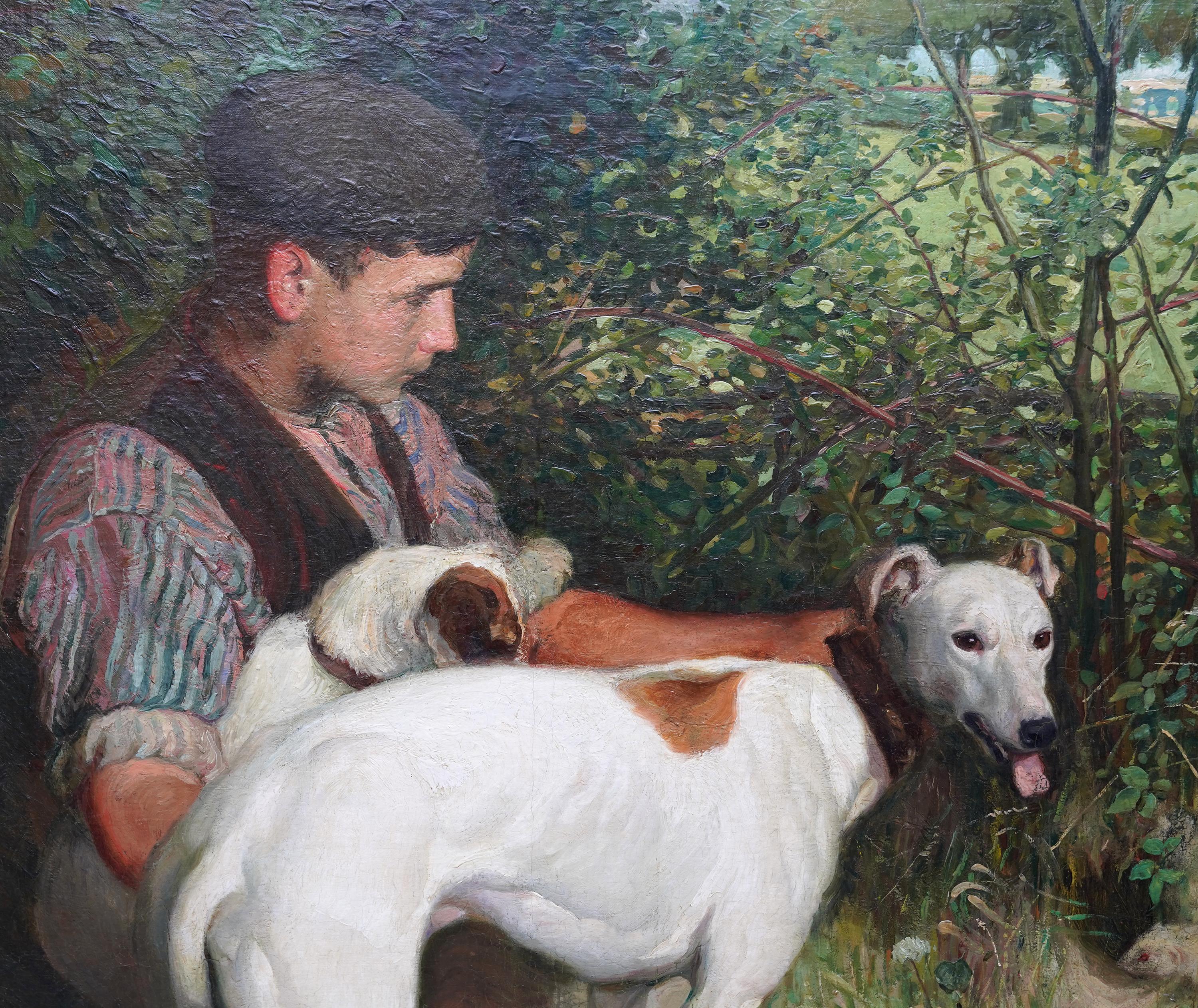 Joven con dos perros en un paisaje - Pintura al óleo de arte eduardiano británico en venta 3