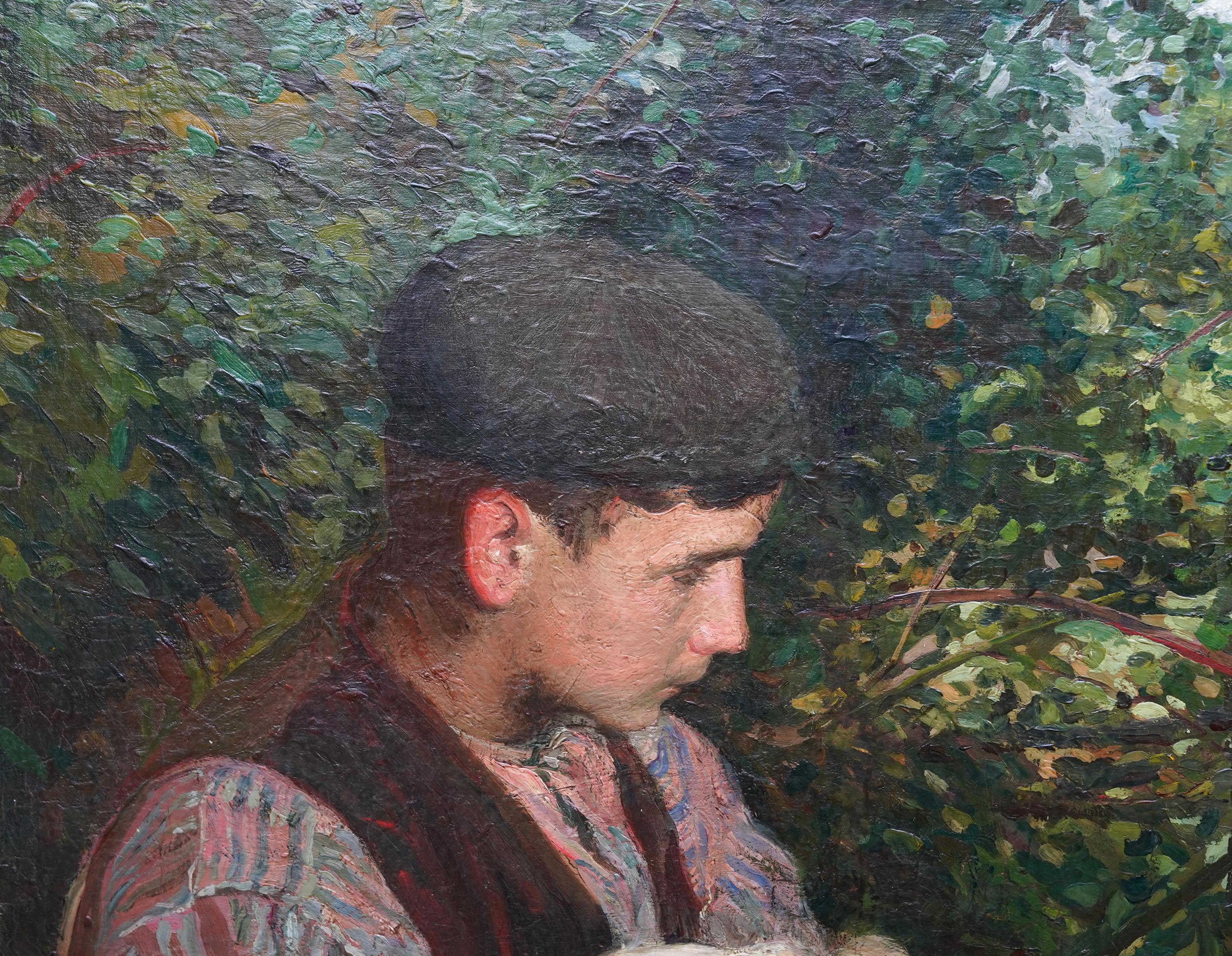 Joven con dos perros en un paisaje - Pintura al óleo de arte eduardiano británico en venta 4