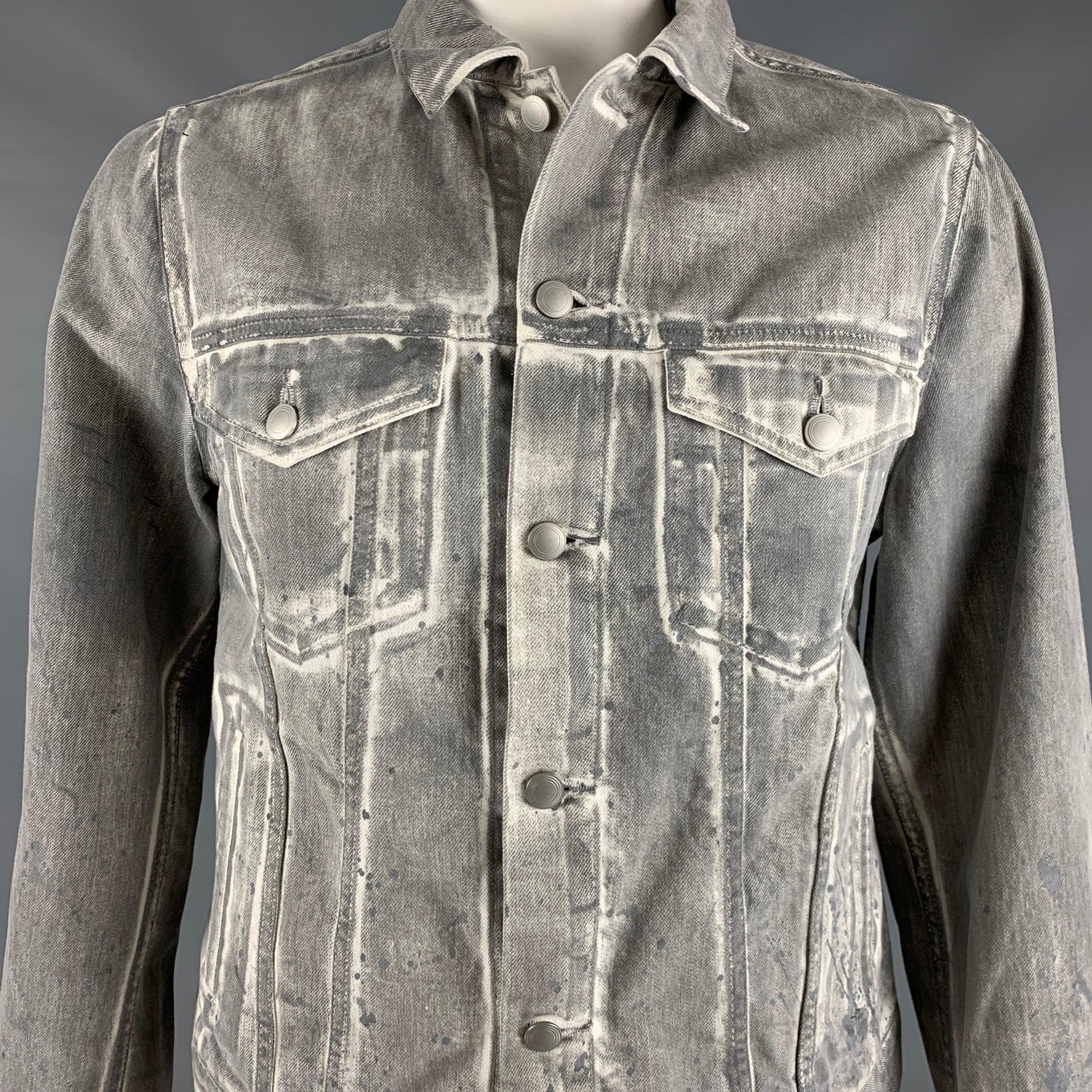 JOHN ELLIOT jacket
in a grey and white cotton featuring a painted trucker style, four pockets, and a button closure. Made in Japan.Excellent Pre-Owned Condition. 

Marked:   L 

Measurements: 
 
Shoulder: 16.5 inches Chest: 41 inches Sleeve: 26