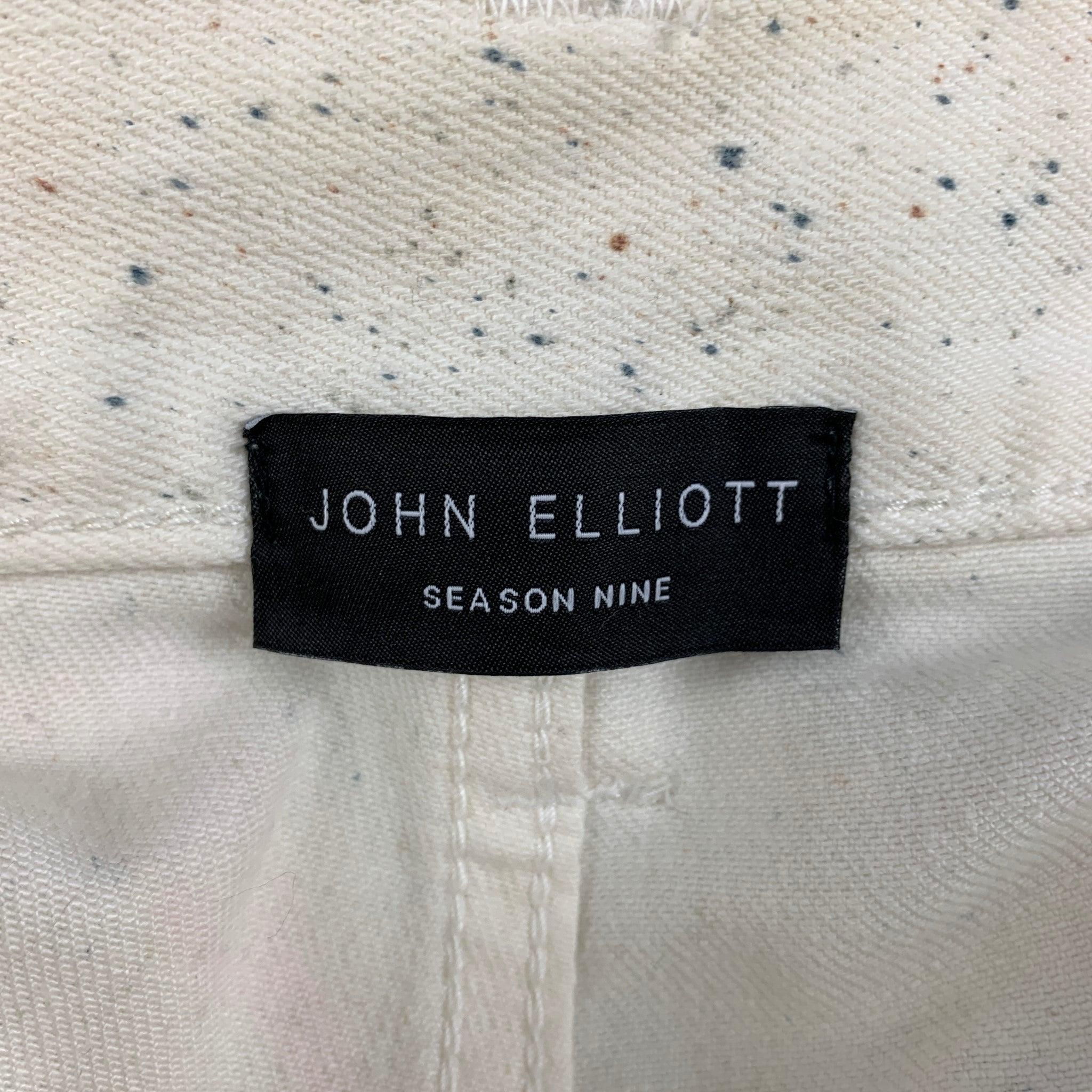 Men's JOHN ELLIOTT Size 30 Off White Black Paint Splatter Cotton Skinny Dress Pants For Sale