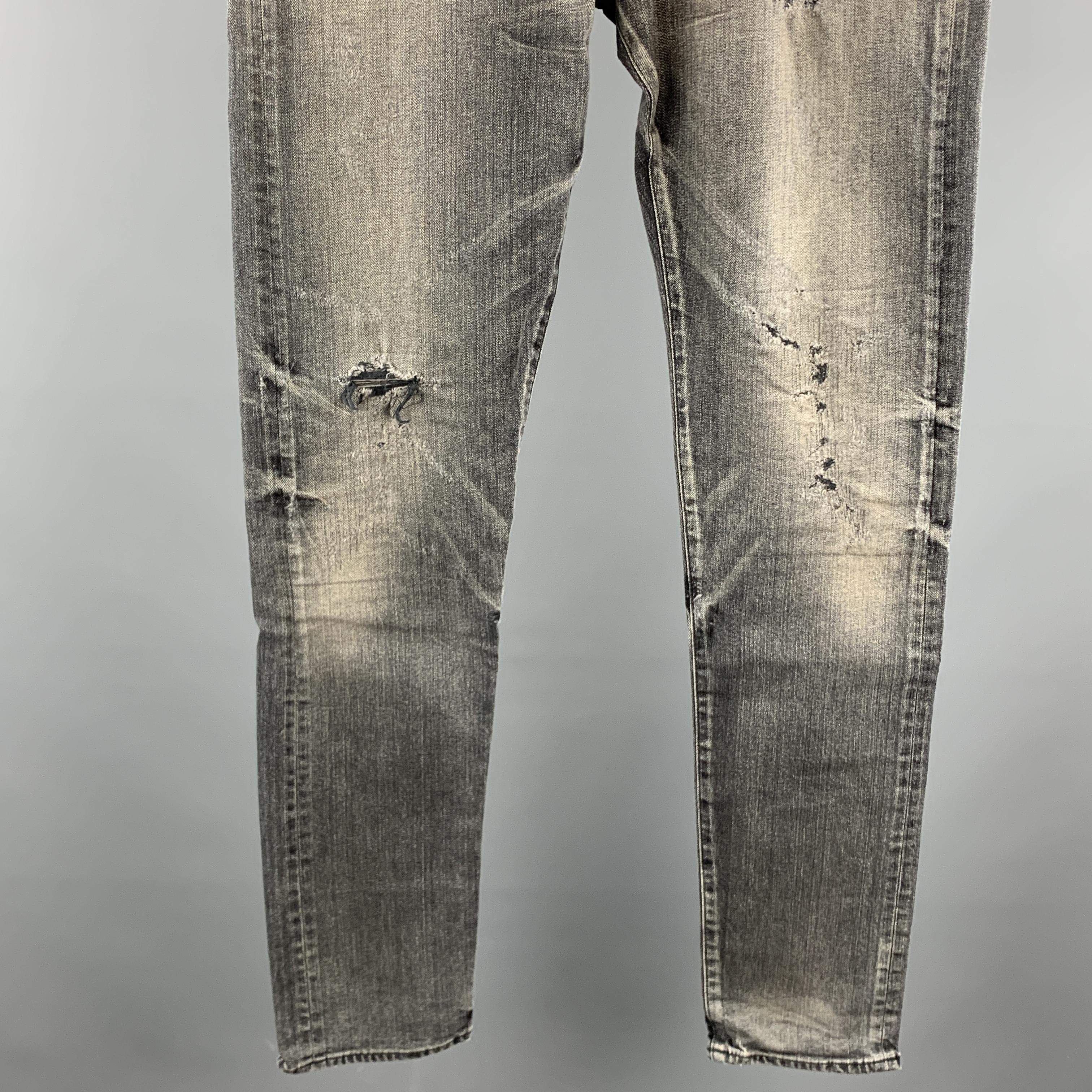 JOHN ELLIOTT Size 34 Black Distressed Cotton Button Fly Jeans In New Condition In San Francisco, CA