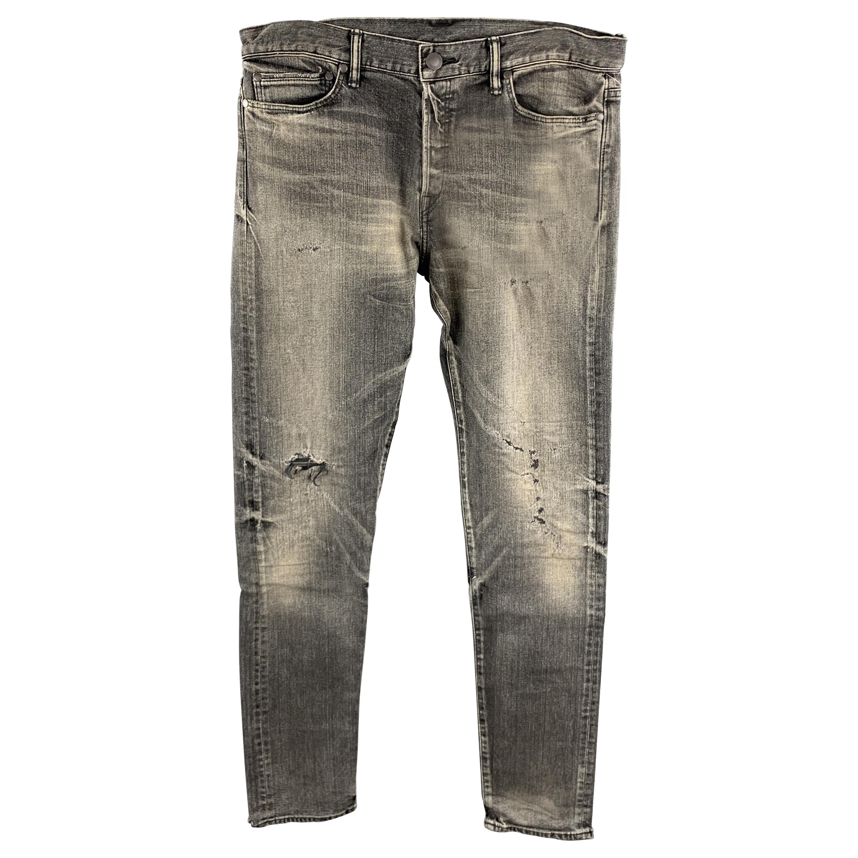 JOHN ELLIOTT Size 34 Black Distressed Cotton Button Fly Jeans