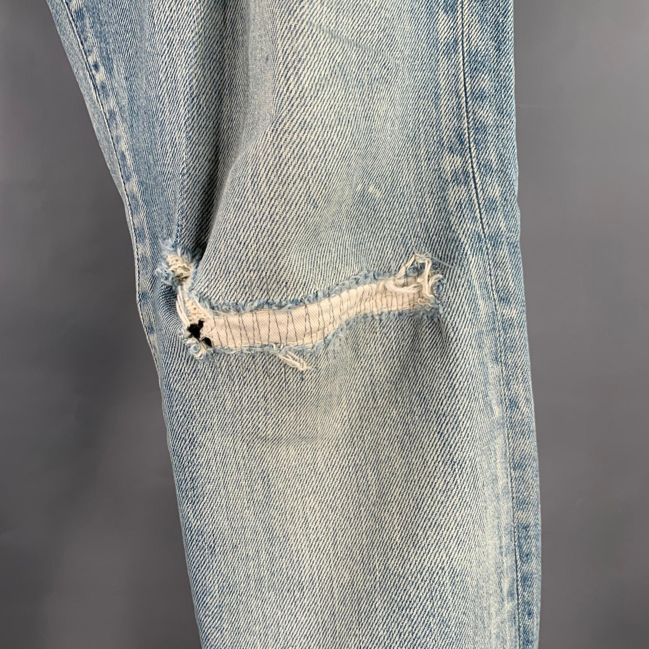 Gray JOHN ELLIOTT Size 34 Blue Distressed Cotton Blend Button Fly Jeans For Sale