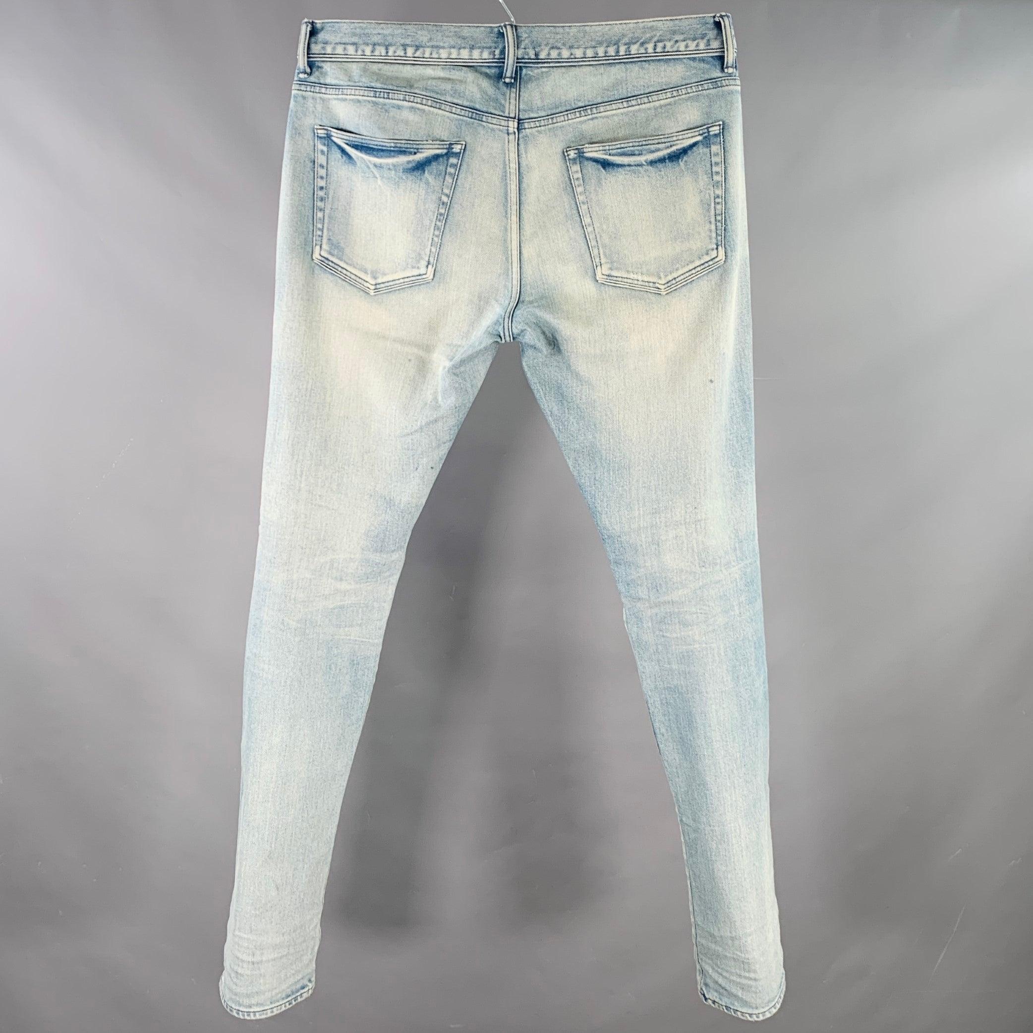 JOHN ELLIOTT Size 34 Blue Distressed Cotton Blend Button Fly Jeans In Excellent Condition For Sale In San Francisco, CA