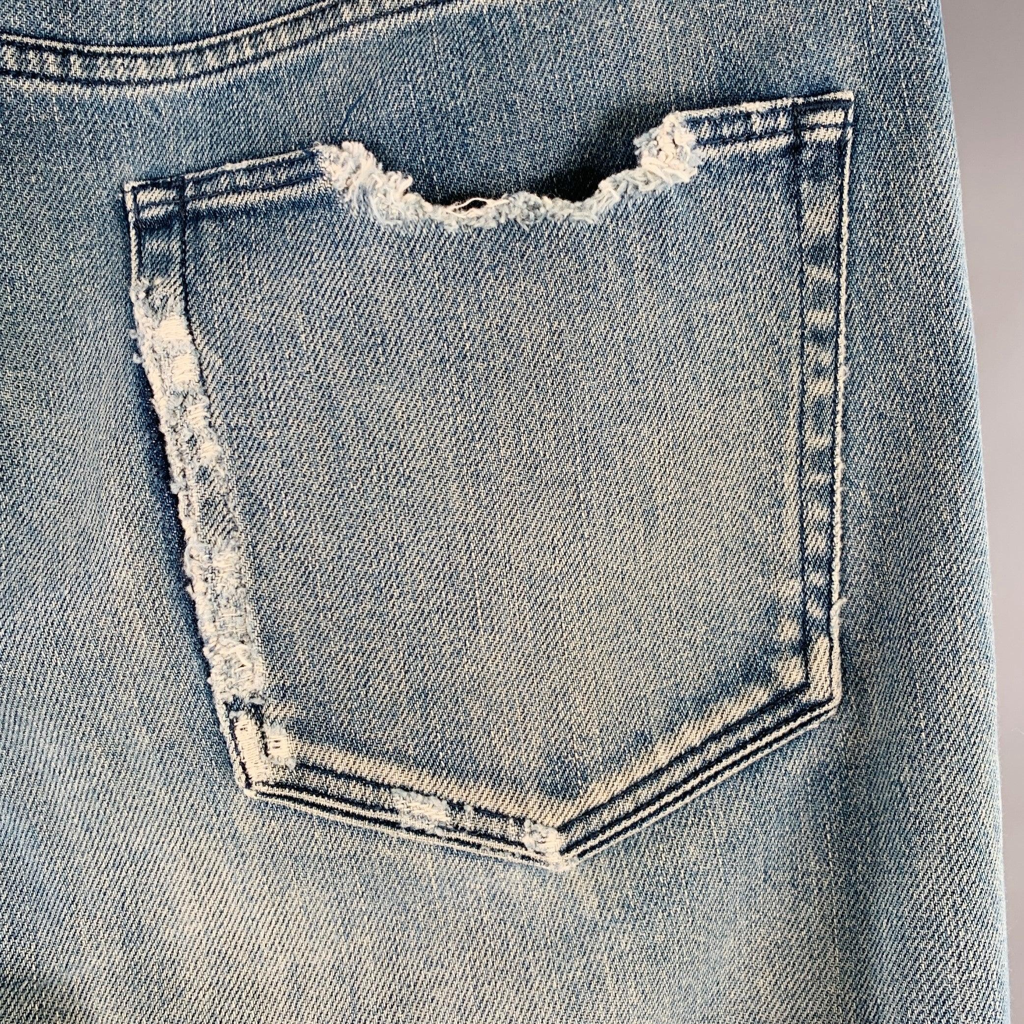 Men's JOHN ELLIOTT Size 34 Blue Distressed Cotton Blend Button Fly Jeans For Sale