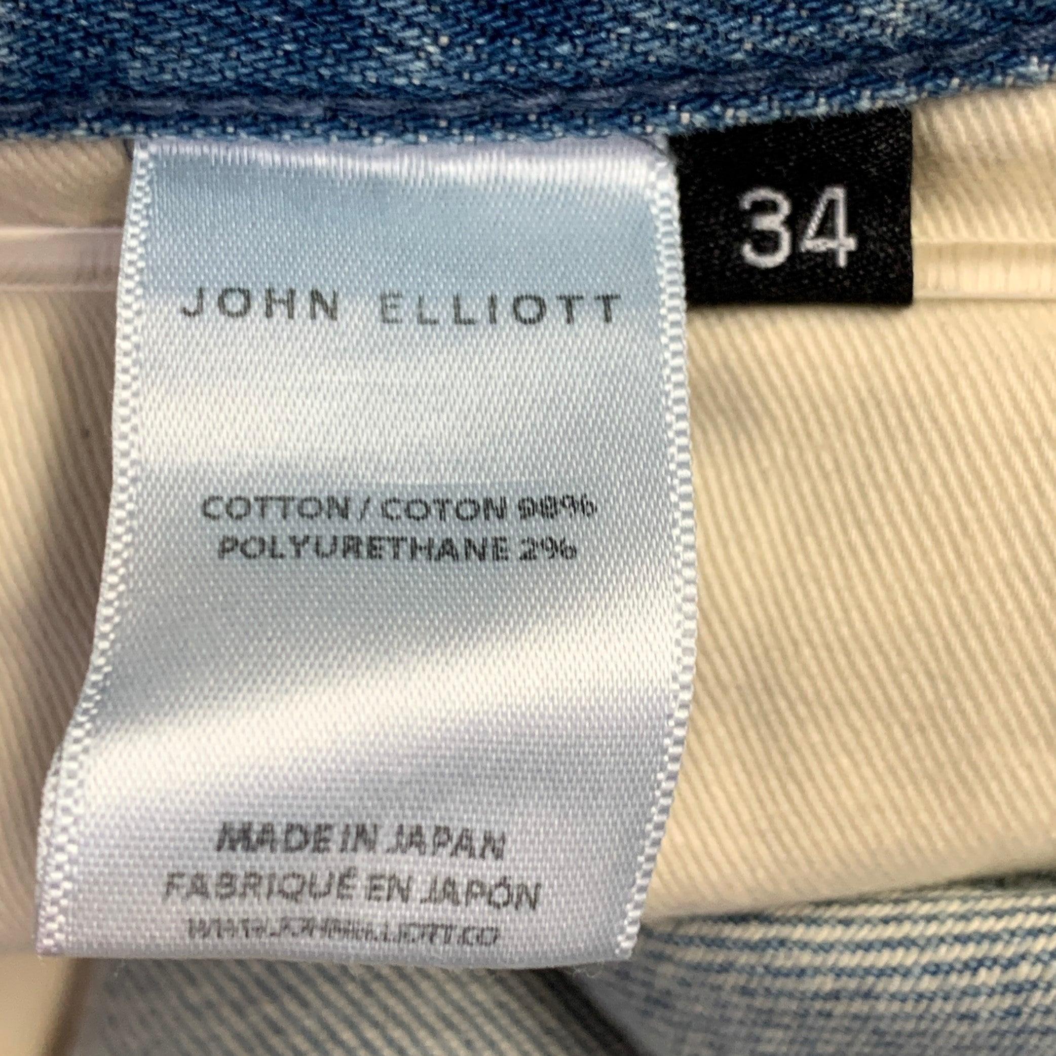 JOHN ELLIOTT Size 34 Blue Distressed Cotton Blend Button Fly Jeans For Sale 1