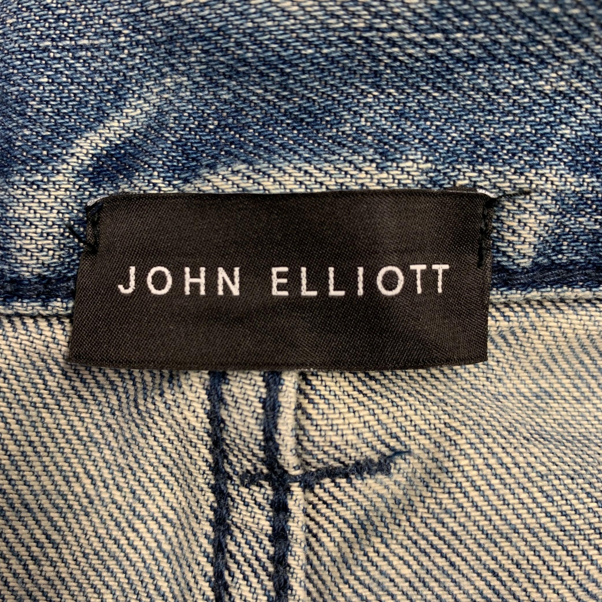 JOHN ELLIOTT Size 34 Blue Distressed Cotton Blend Button Fly Jeans For Sale 2